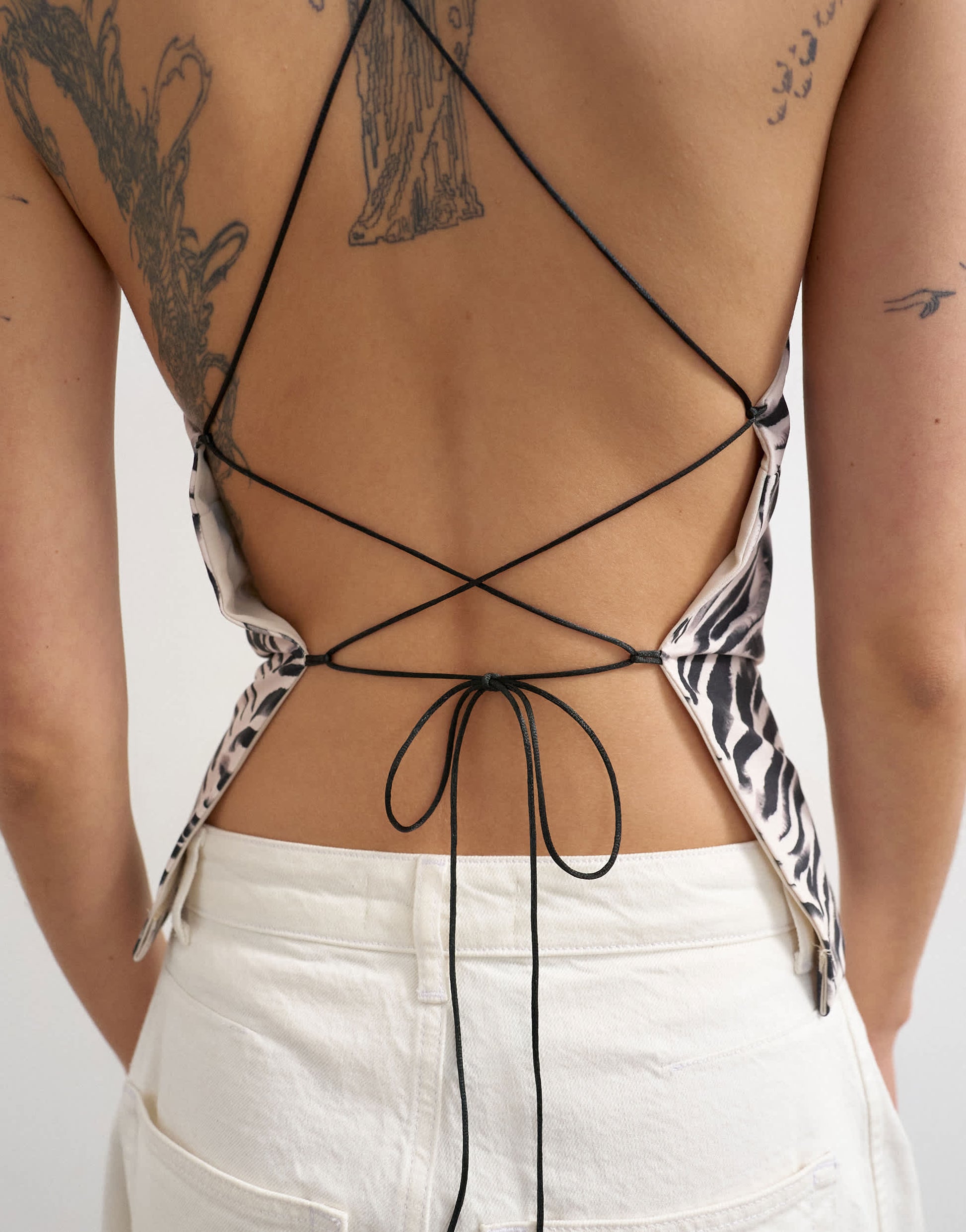 Topshop zebra cami lace up back top in white