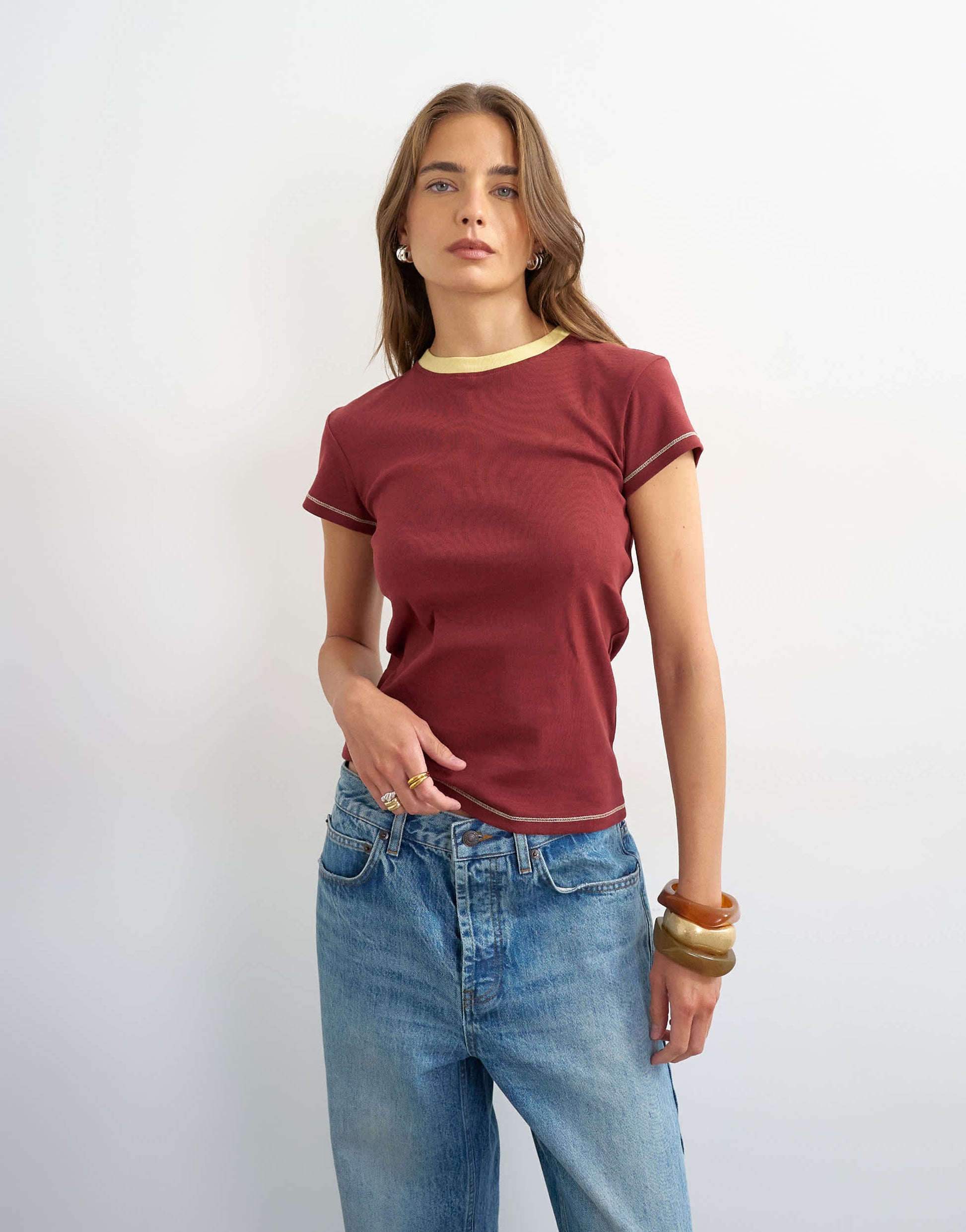 Topshop jersey tipping detail everyday tee in burgundy