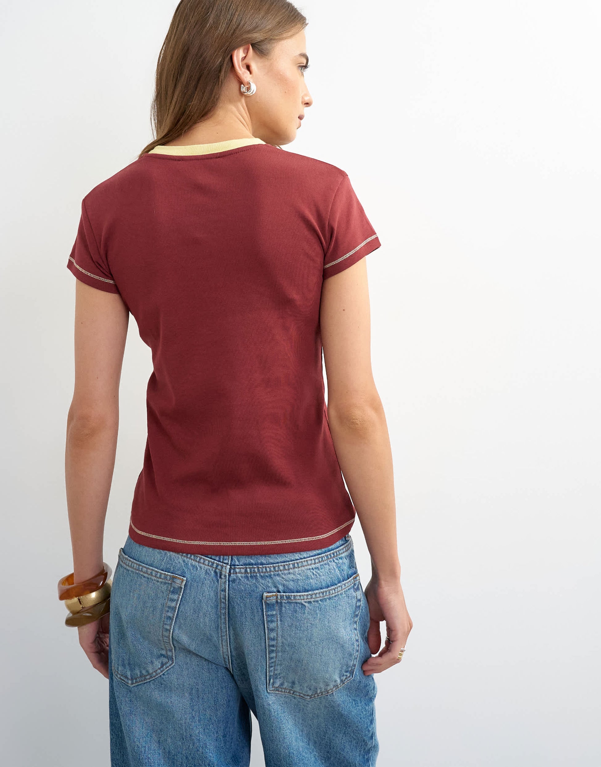 Topshop jersey tipping detail everyday tee in burgundy