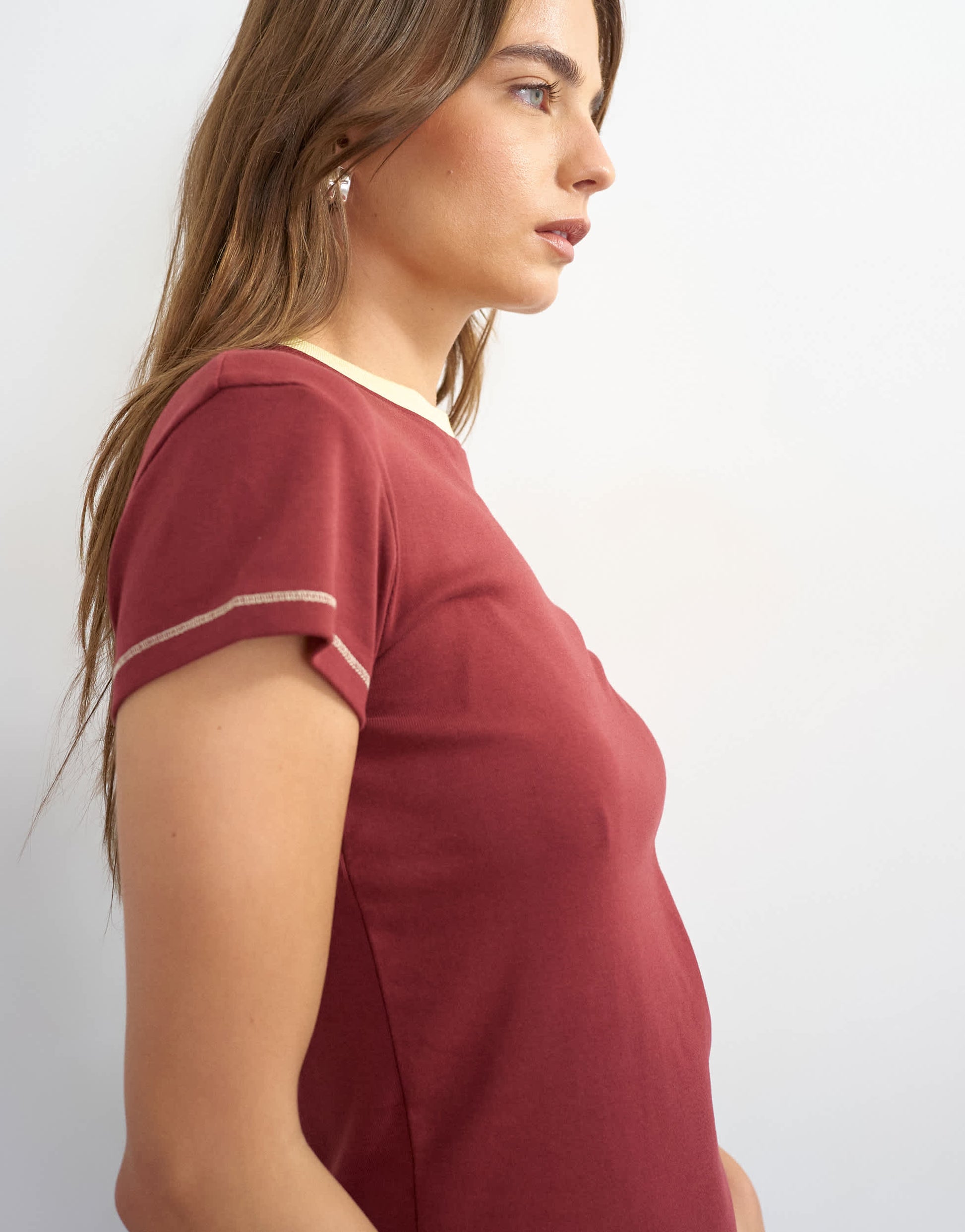 Topshop jersey tipping detail everyday tee in burgundy