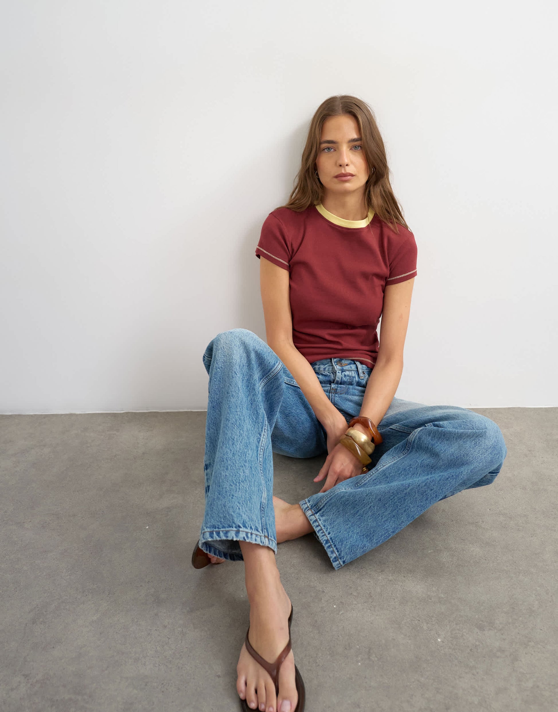 Topshop jersey tipping detail everyday tee in burgundy