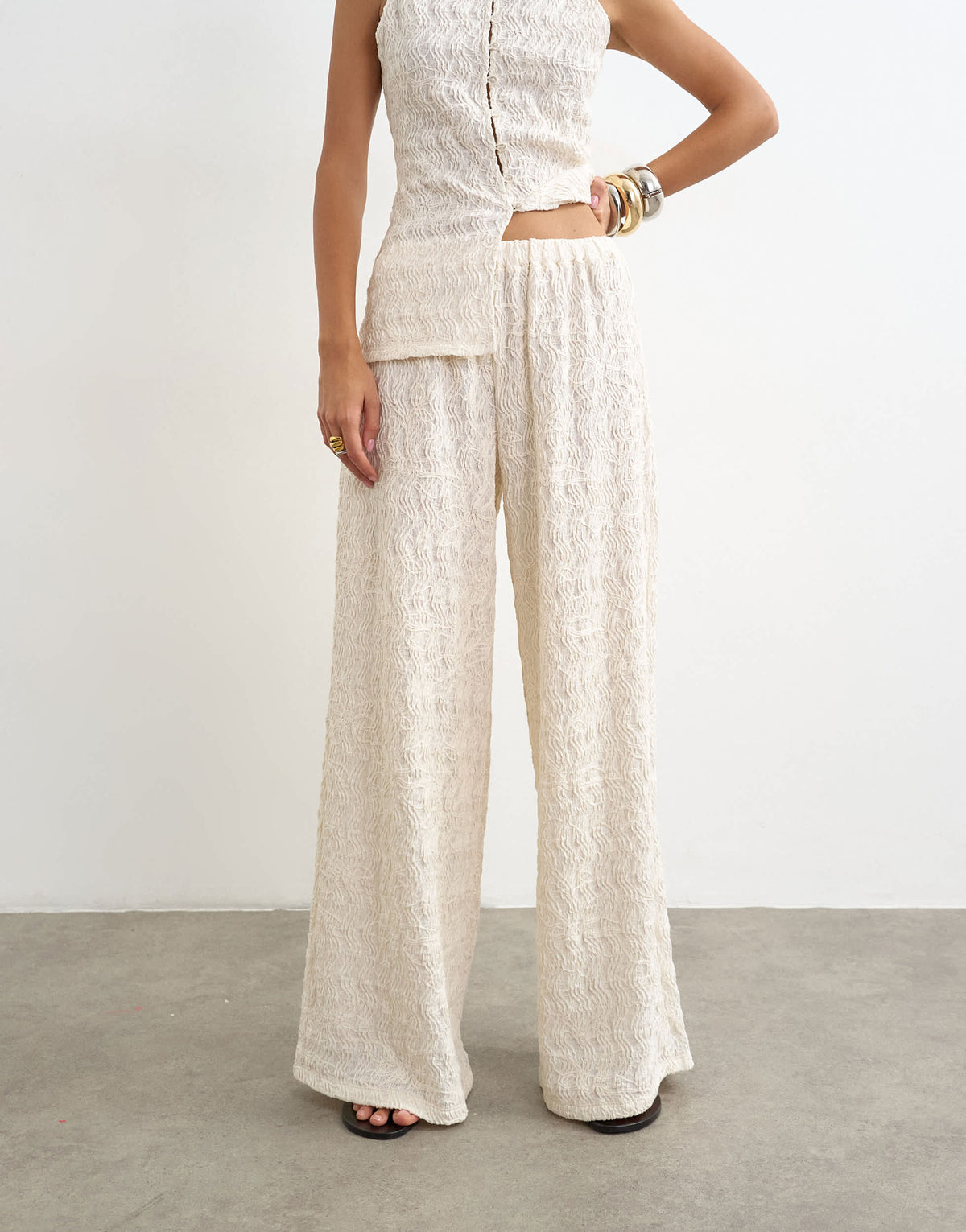 Topshop embroidered lace wide leg trouser co-ord in cream