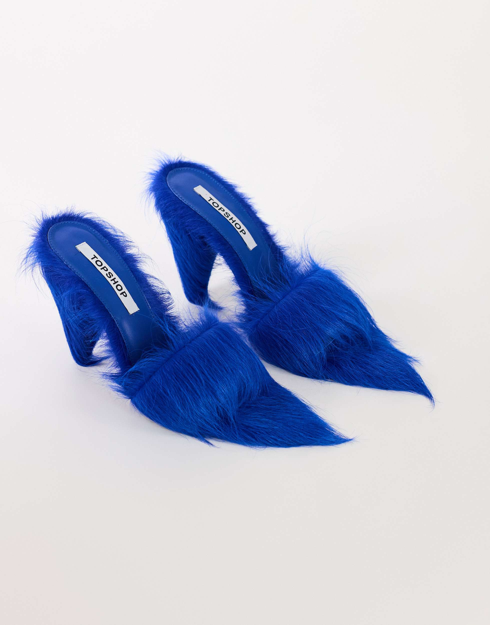 Topshop Willa cone heel mule in cobalt hair on real leather