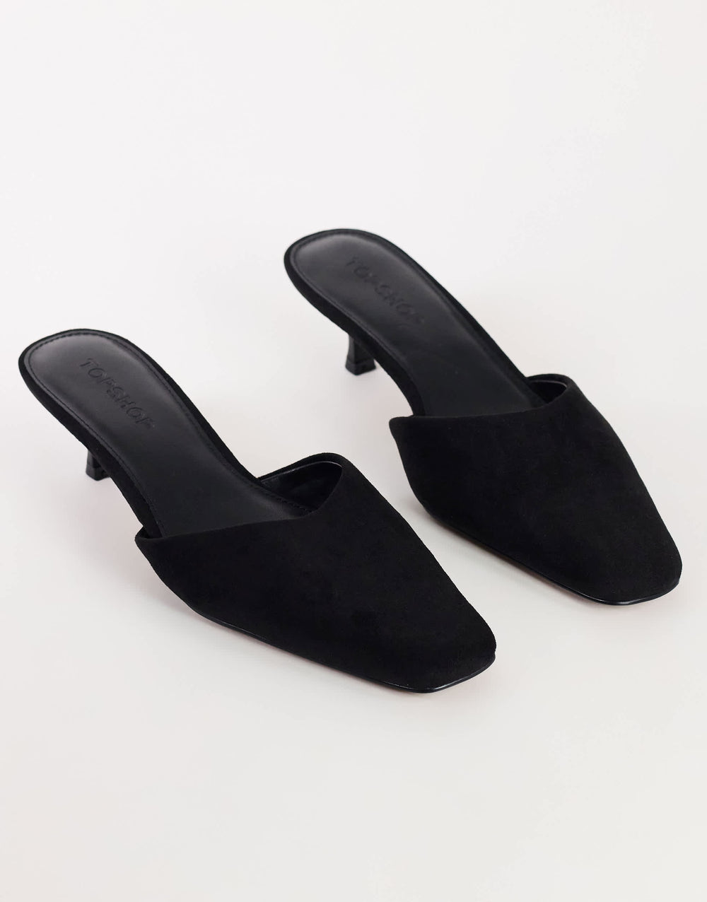 Topshop Arthur rounded toe mid heel mule in black faux suede