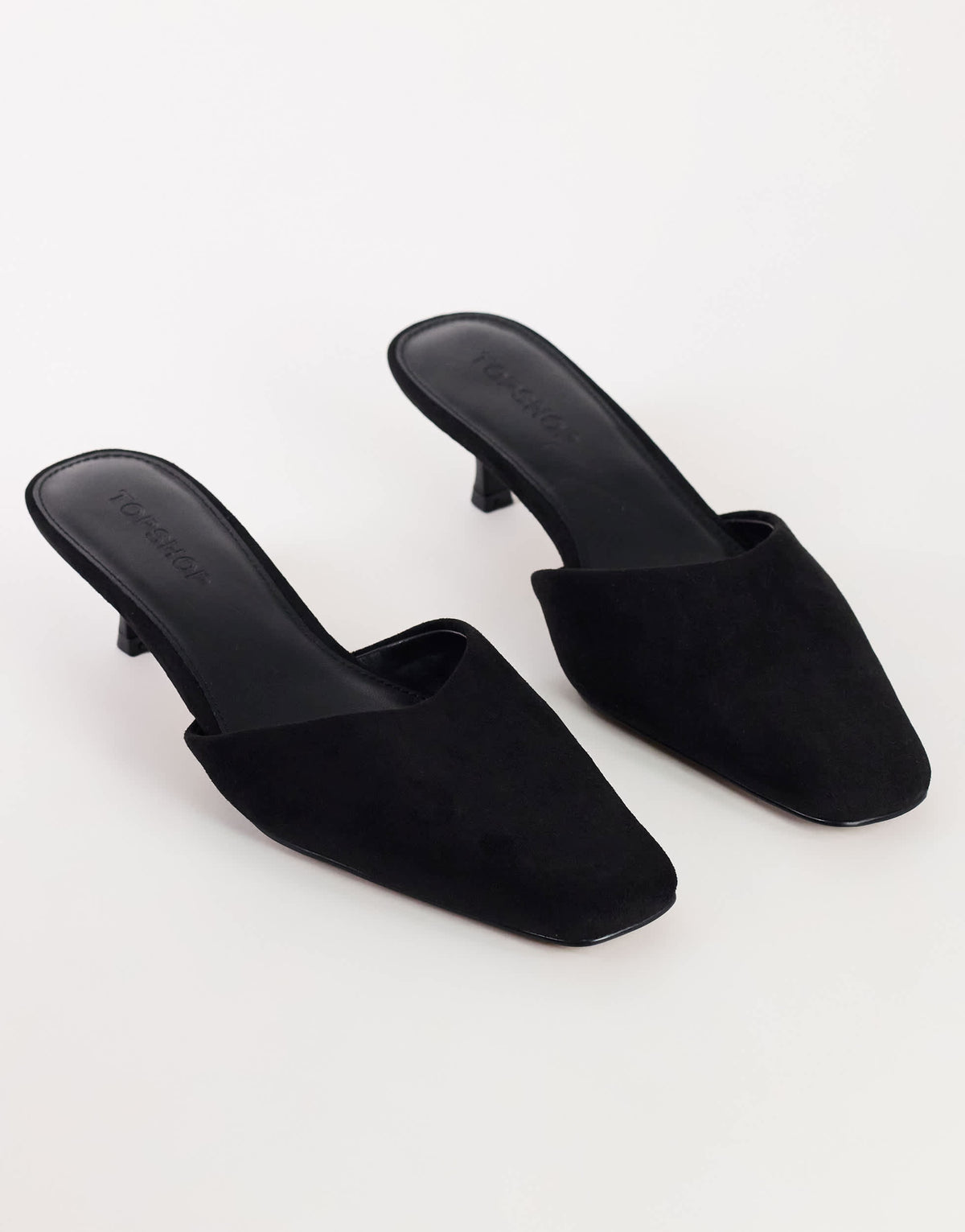 Topshop Arthur rounded toe mid heel mule in black faux suede