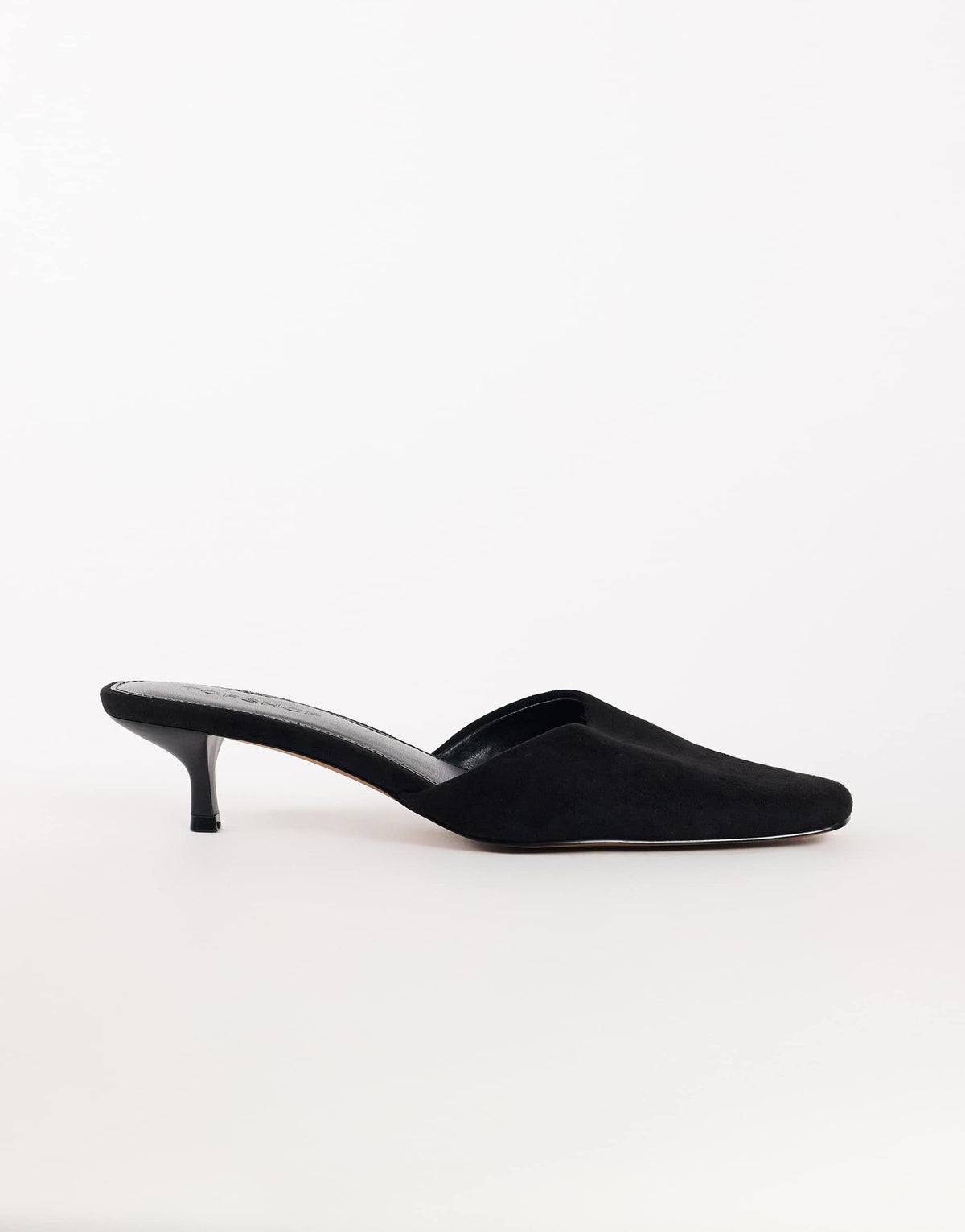 Topshop Arthur rounded toe mid heel mule in black faux suede