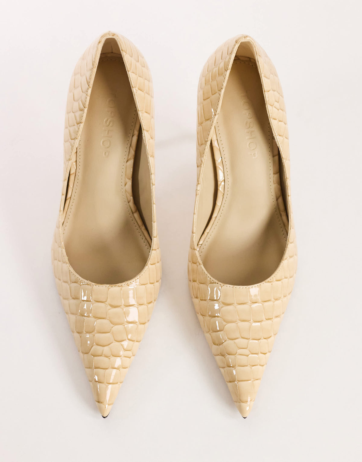 Topshop Alexander high heel court shoe in off white croc