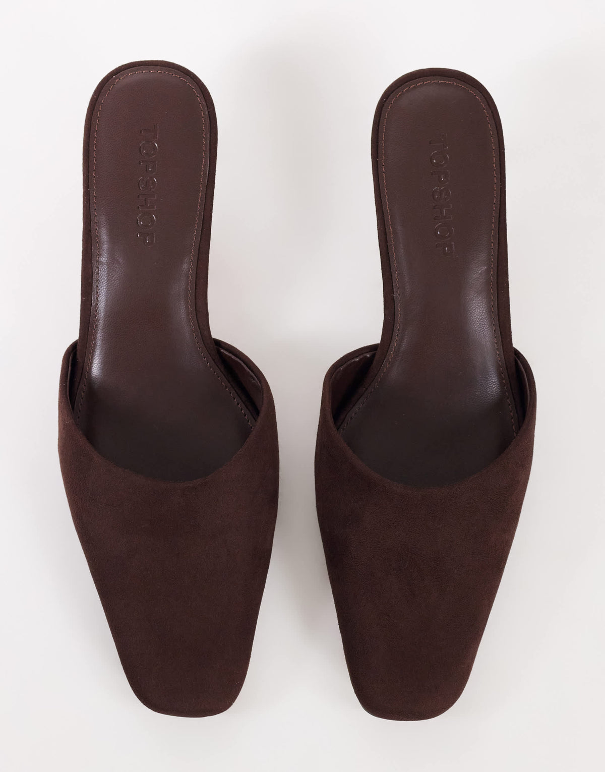 Topshop Arthur rounded toe mid heel mule in chocolate faux suede