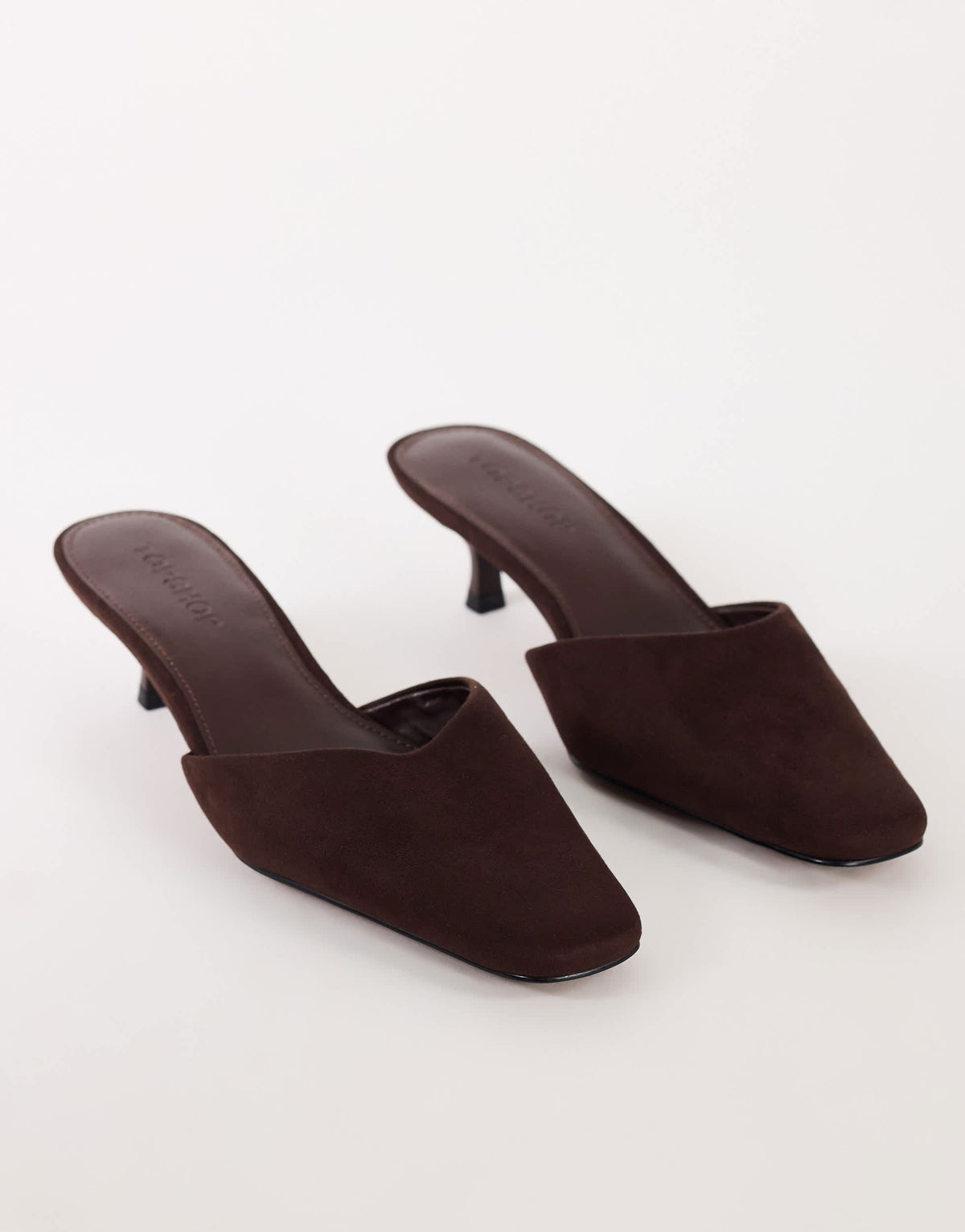 Topshop Arthur rounded toe mid heel mule in chocolate faux suede