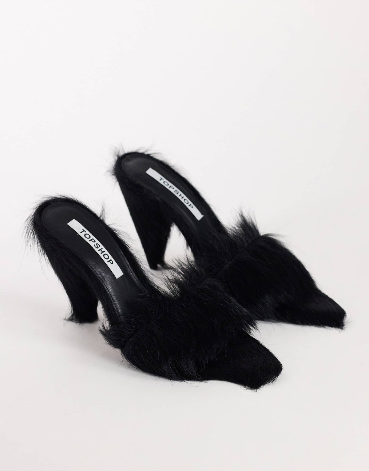 Topshop Willa cone heel mule in black hair on real leather