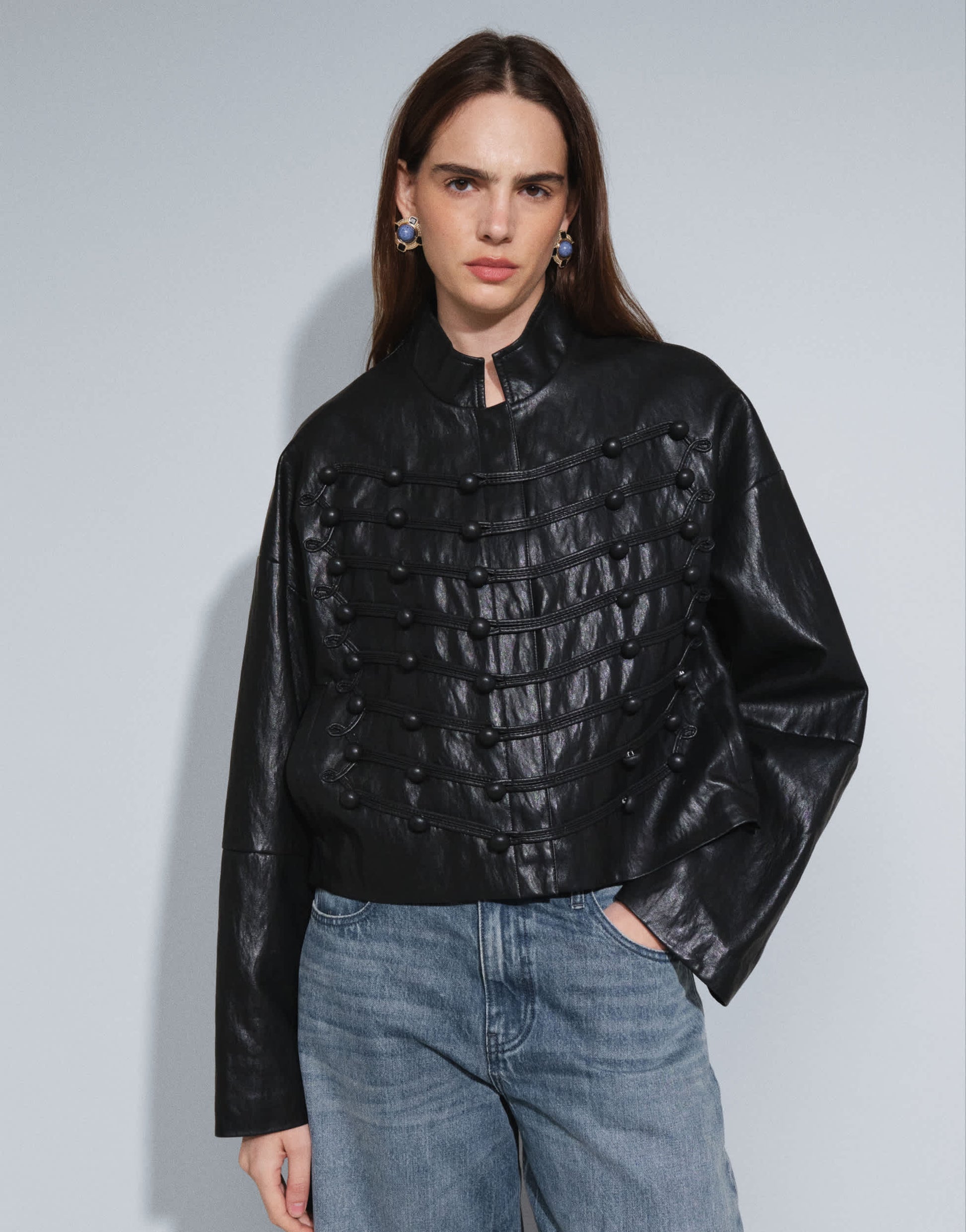 Topshop faux leather ultimate drummer jacket in black