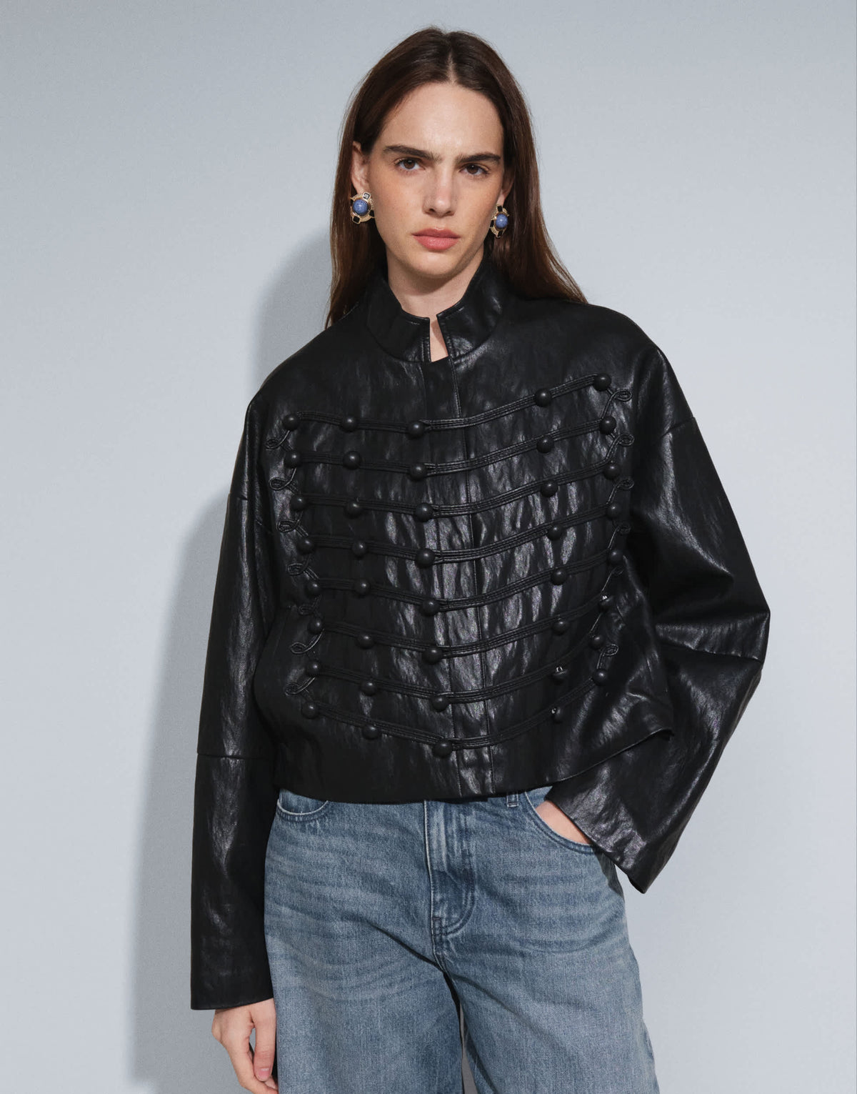 Topshop faux leather ultimate drummer jacket in black