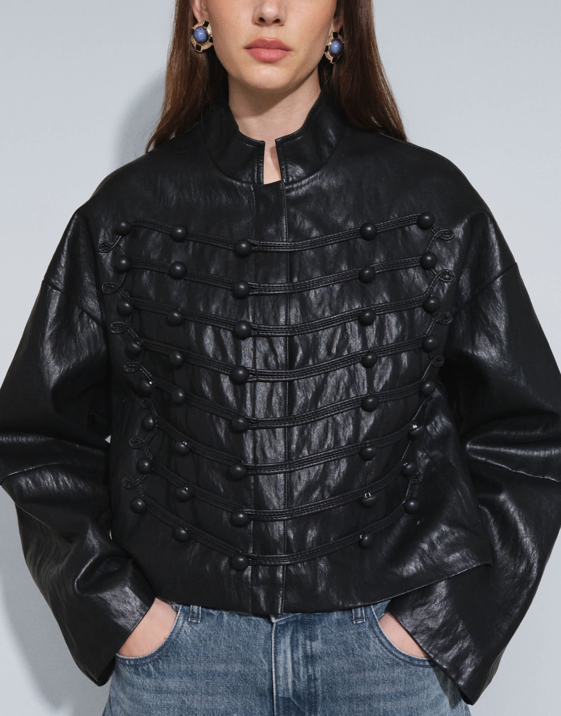 Topshop faux leather ultimate drummer jacket in black