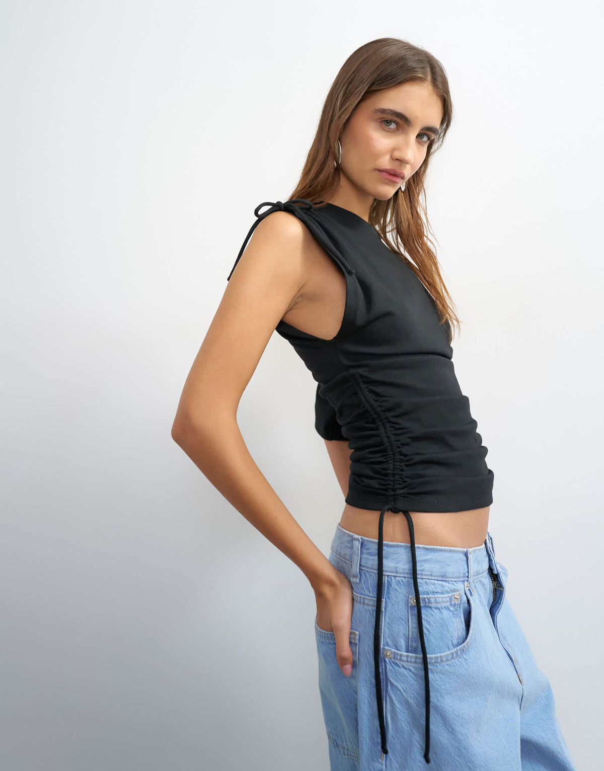 Topshop ruched detail one sleeve top in black