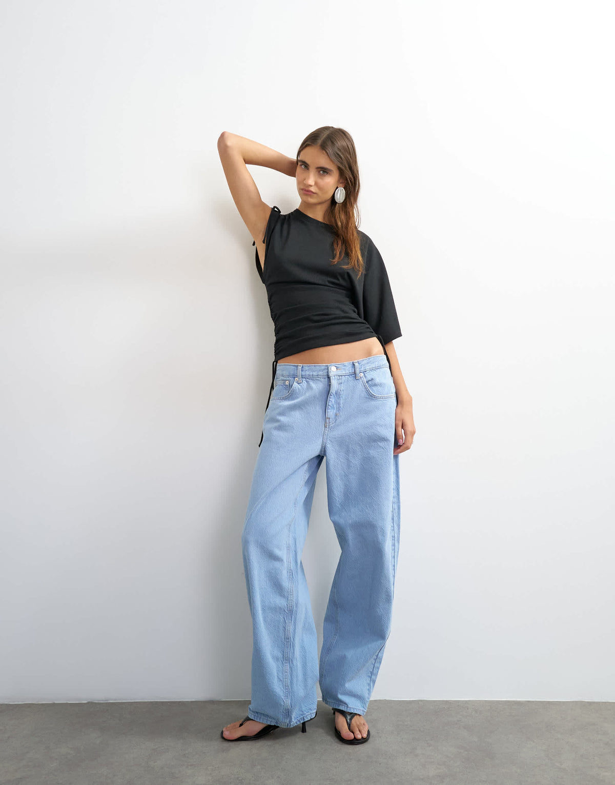 Topshop ruched detail one sleeve top in black