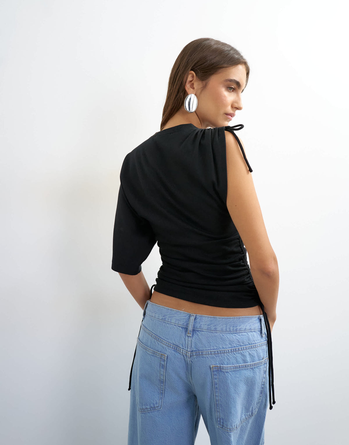 Topshop ruched detail one sleeve top in black