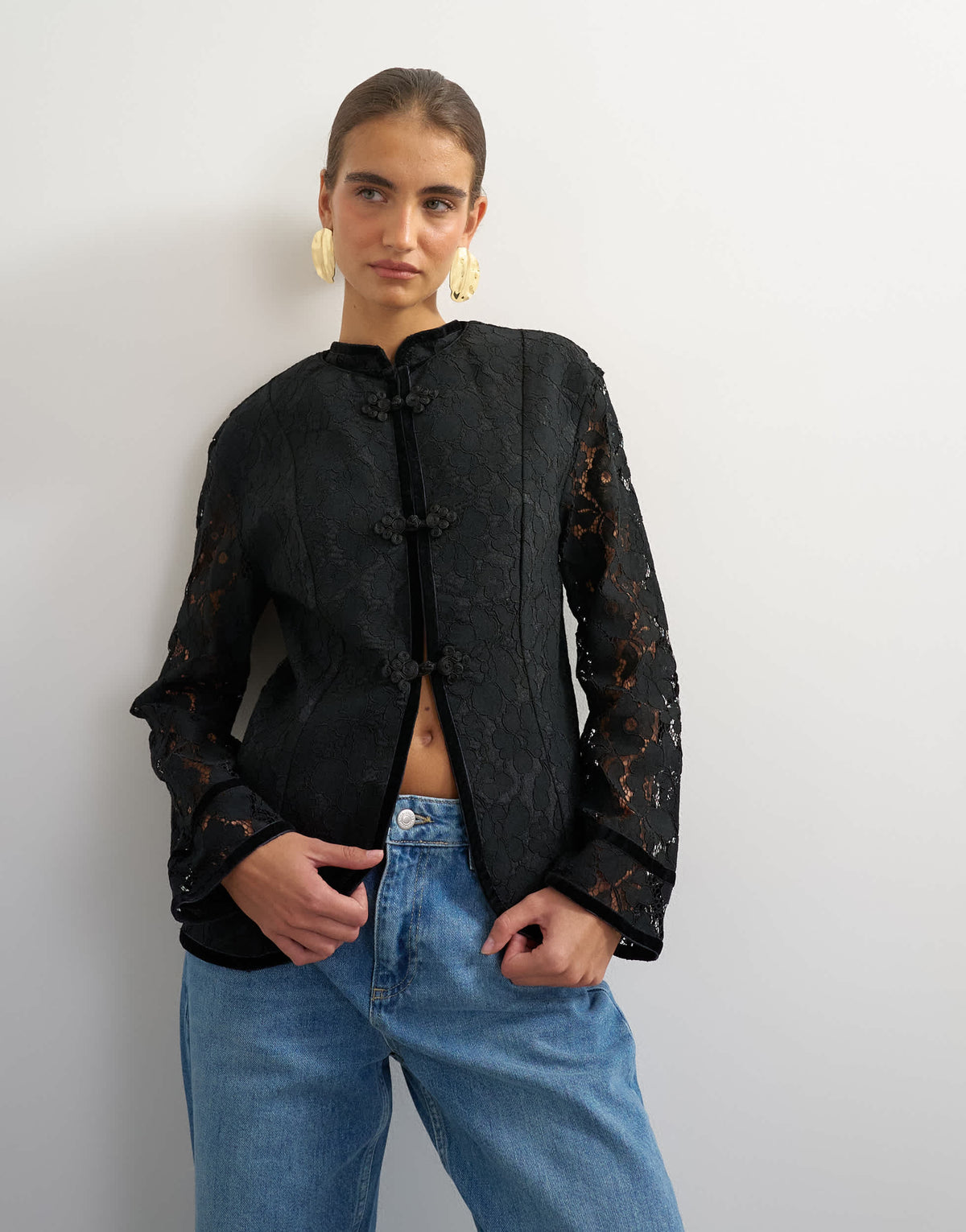 Topshop soft mandarin lace jacket in black