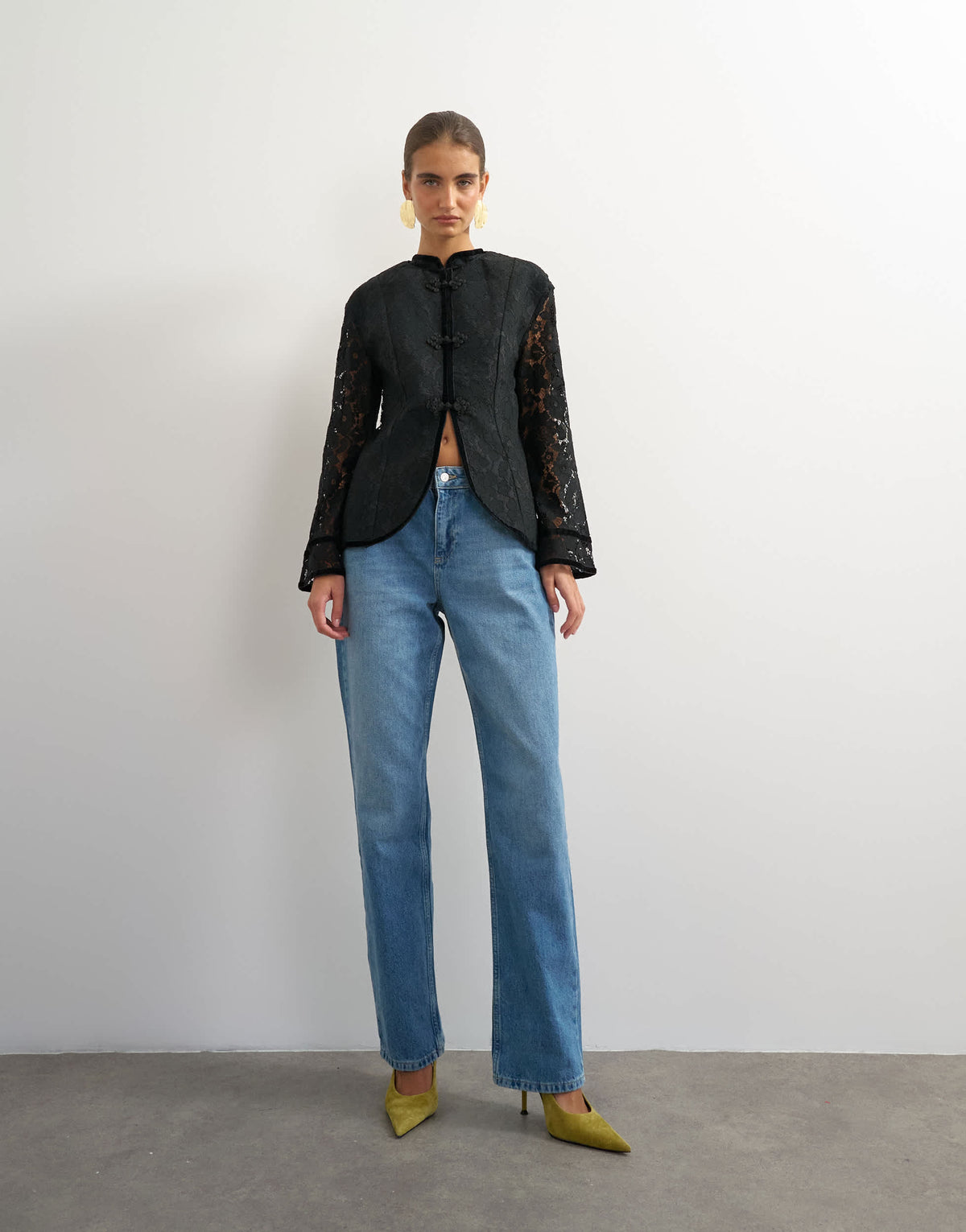 Topshop soft mandarin lace jacket in black