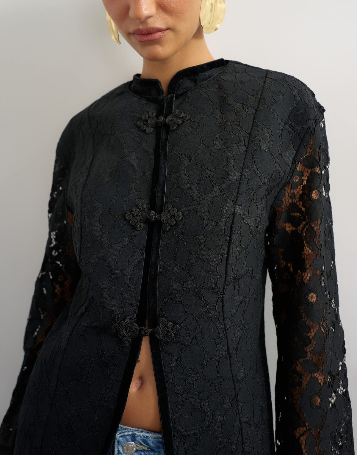 Topshop soft mandarin lace jacket in black