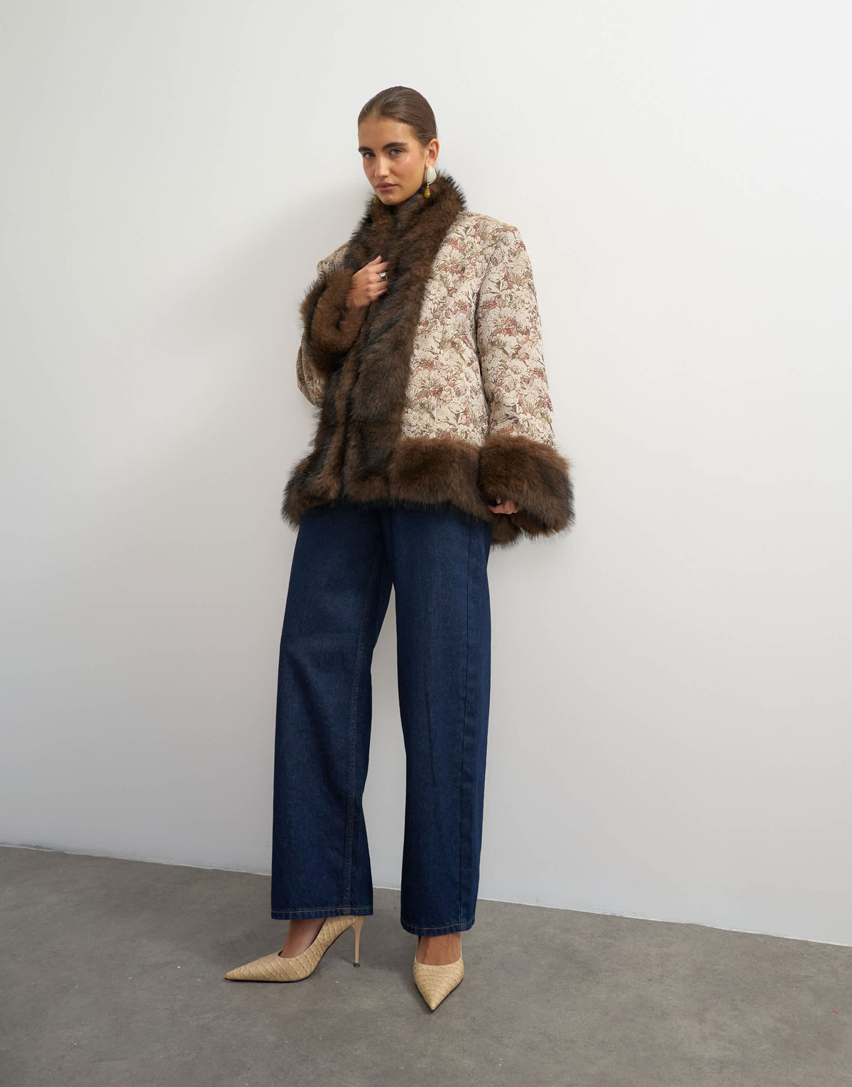 Topshop jacquard jacket with faux fur trim in multi