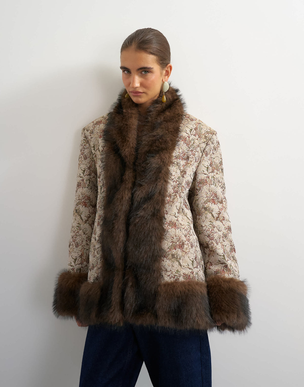 Topshop jacquard jacket with faux fur trim in multi