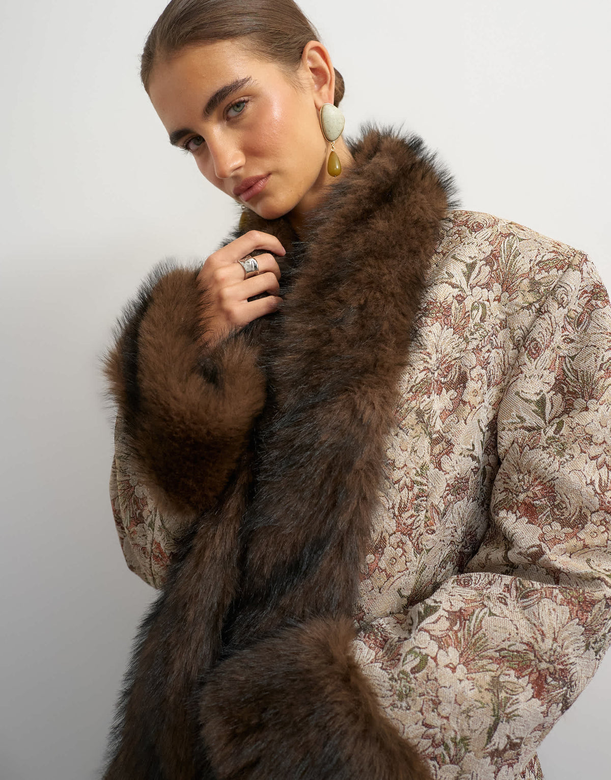Topshop jacquard jacket with faux fur trim in multi