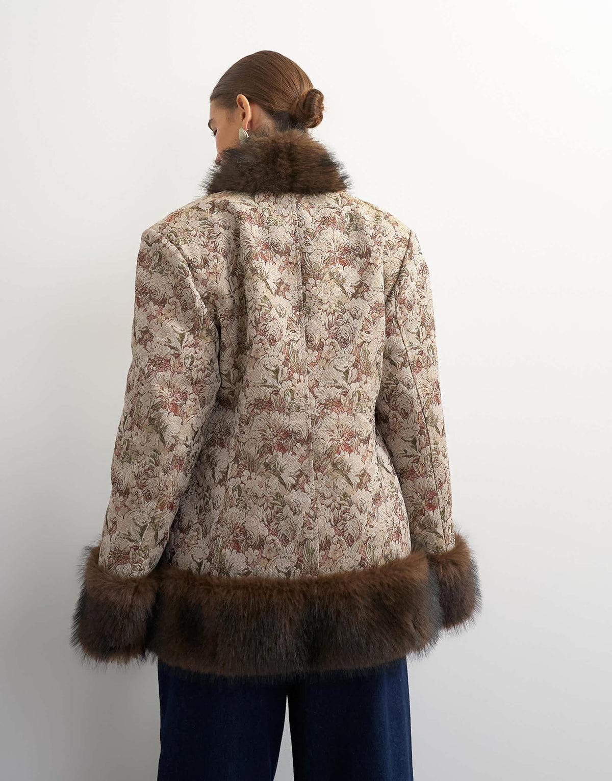Topshop jacquard jacket with faux fur trim in multi