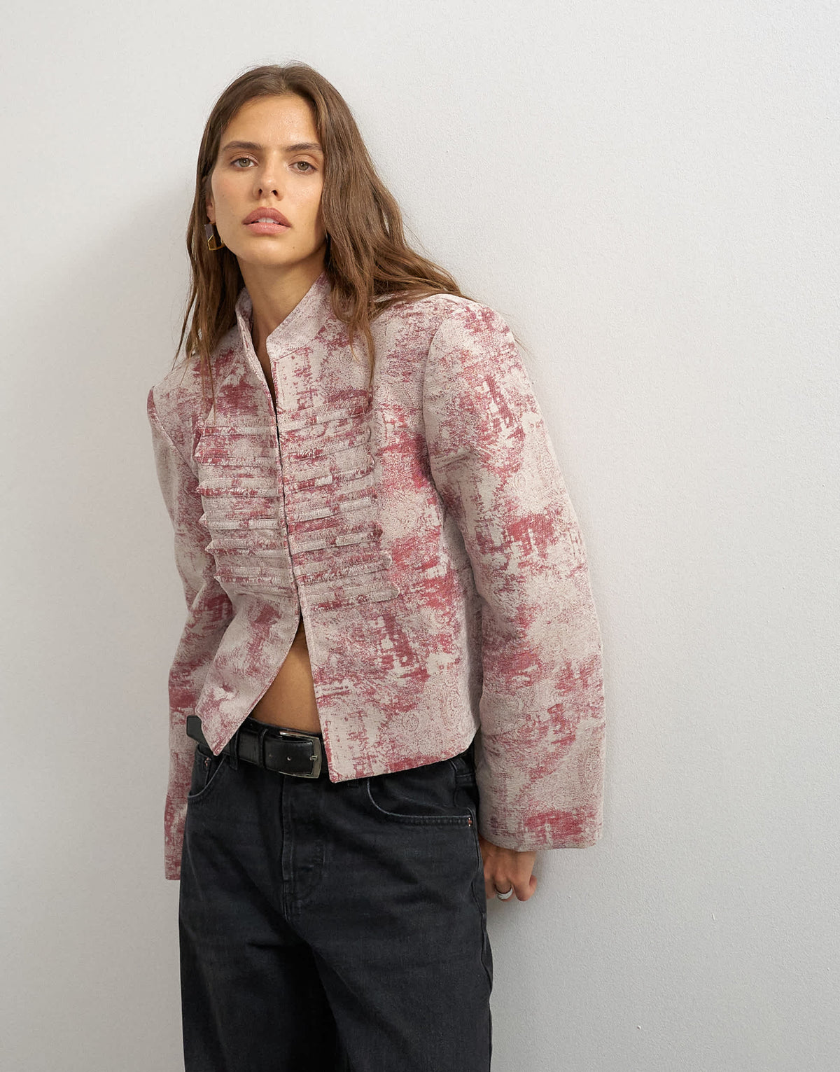 Topshop jacquard military jacket in pink