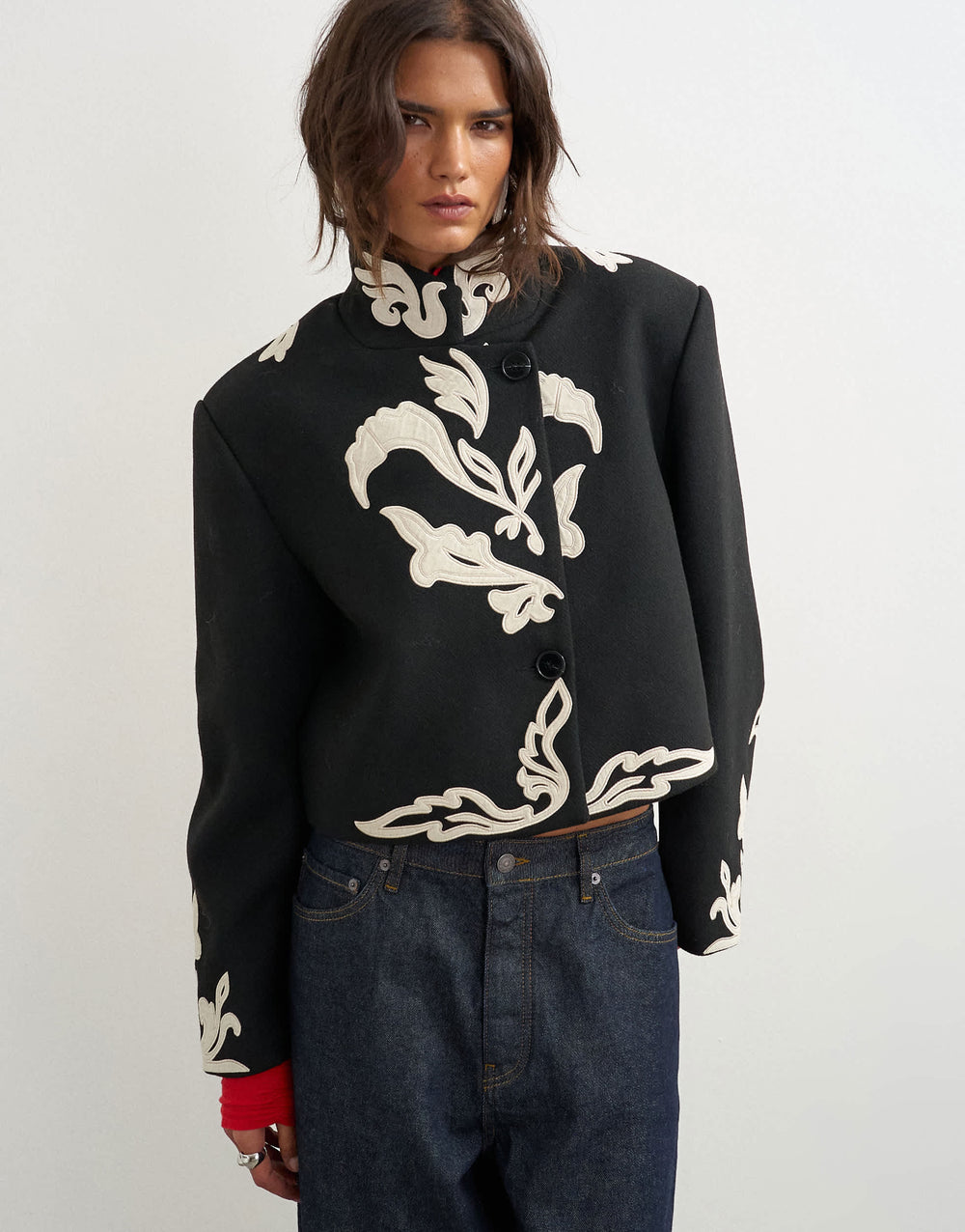 Topshop contrast embroidered jacket in black