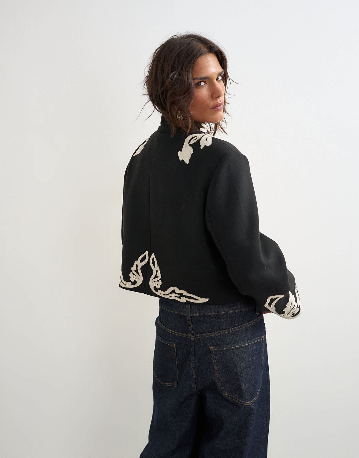 Topshop contrast embroidered jacket in black