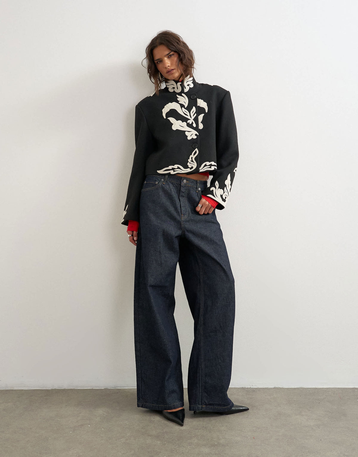Topshop contrast embroidered jacket in black