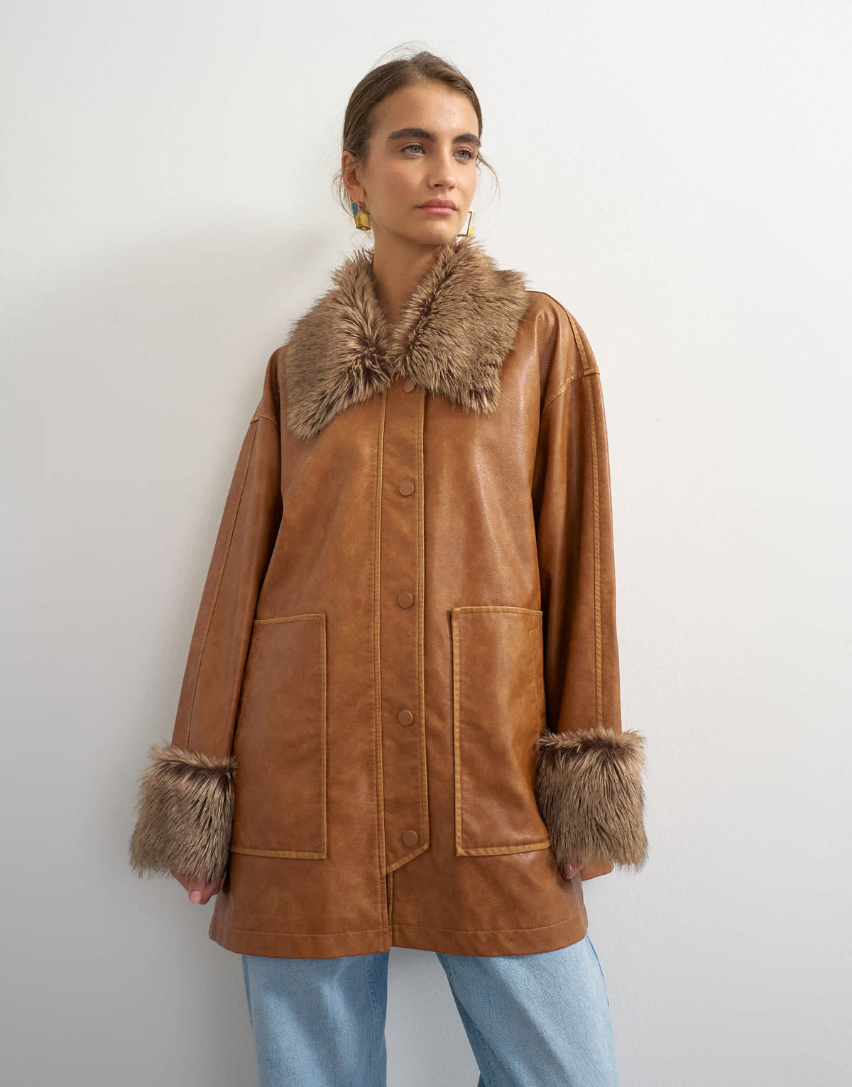 Topshop faux leather jacket with faux fur trim in tan