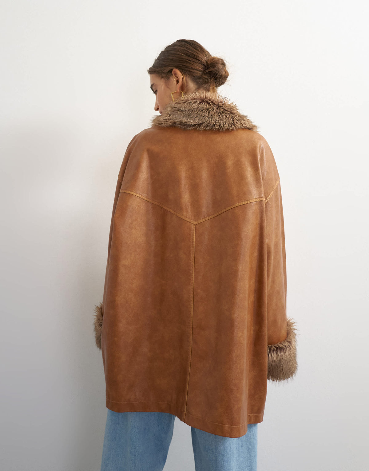 Topshop faux leather jacket with faux fur trim in tan