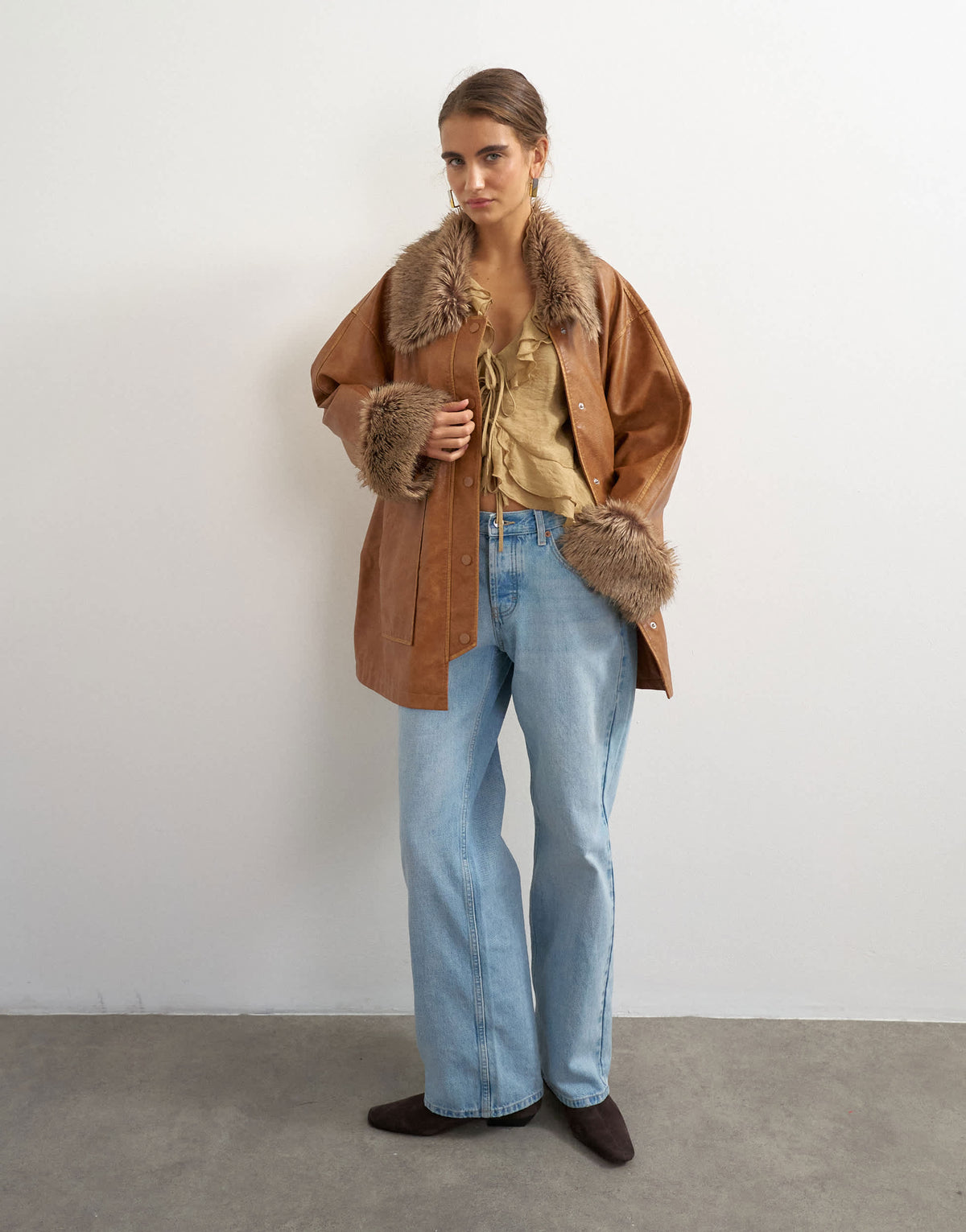 Topshop faux leather jacket with faux fur trim in tan