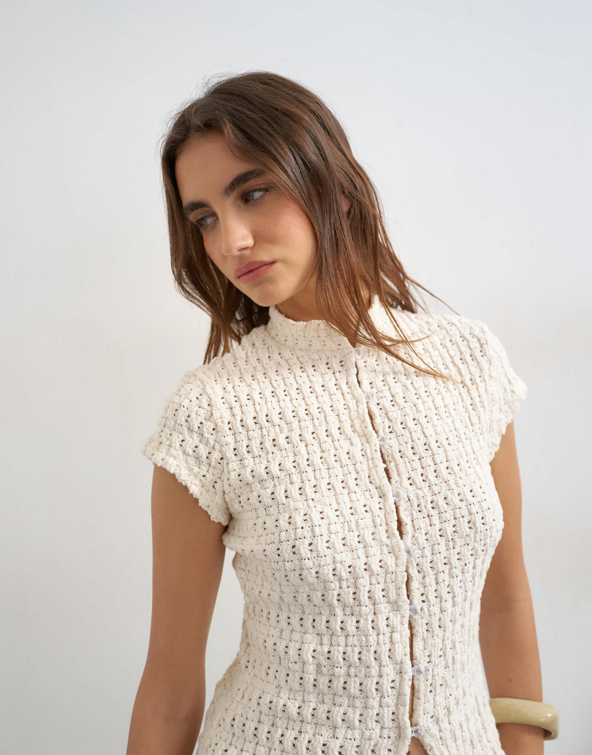 Topshop crochet cap sleeve button top in cream