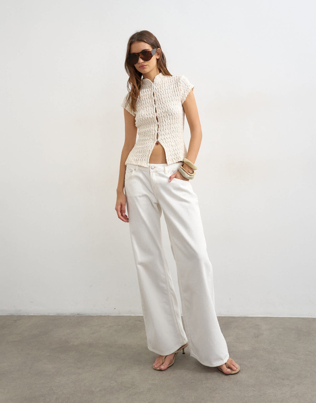 Topshop crochet cap sleeve button top in cream