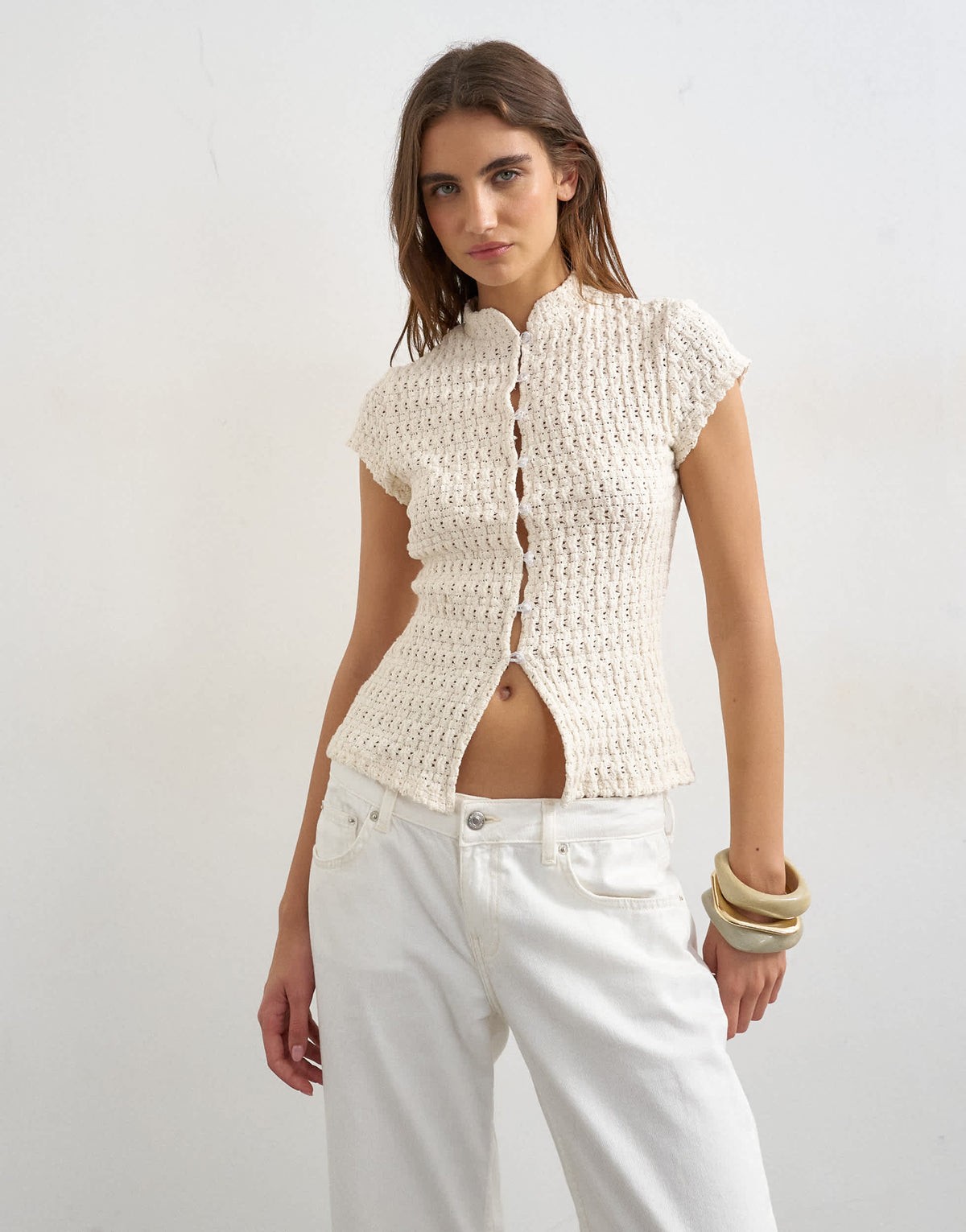 Topshop crochet cap sleeve button top in cream