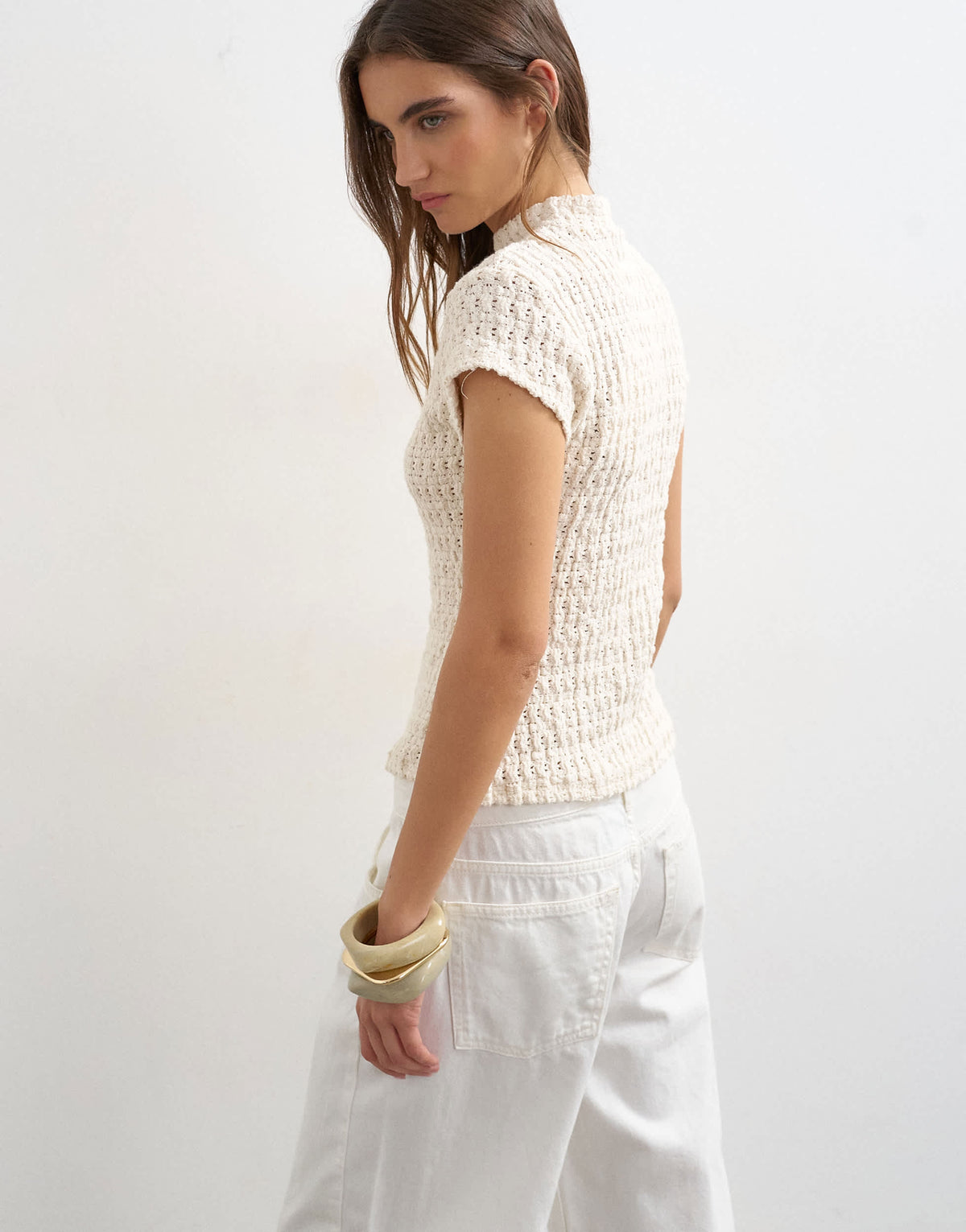 Topshop crochet cap sleeve button top in cream