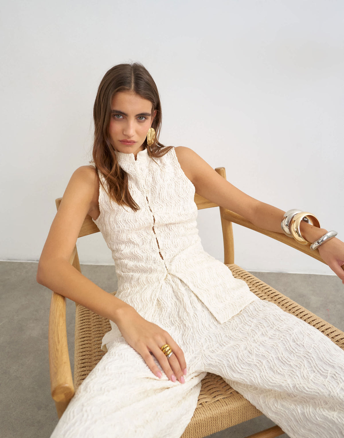 Topshop embroidered lace high neck sleeveless tank co-ord in cream
