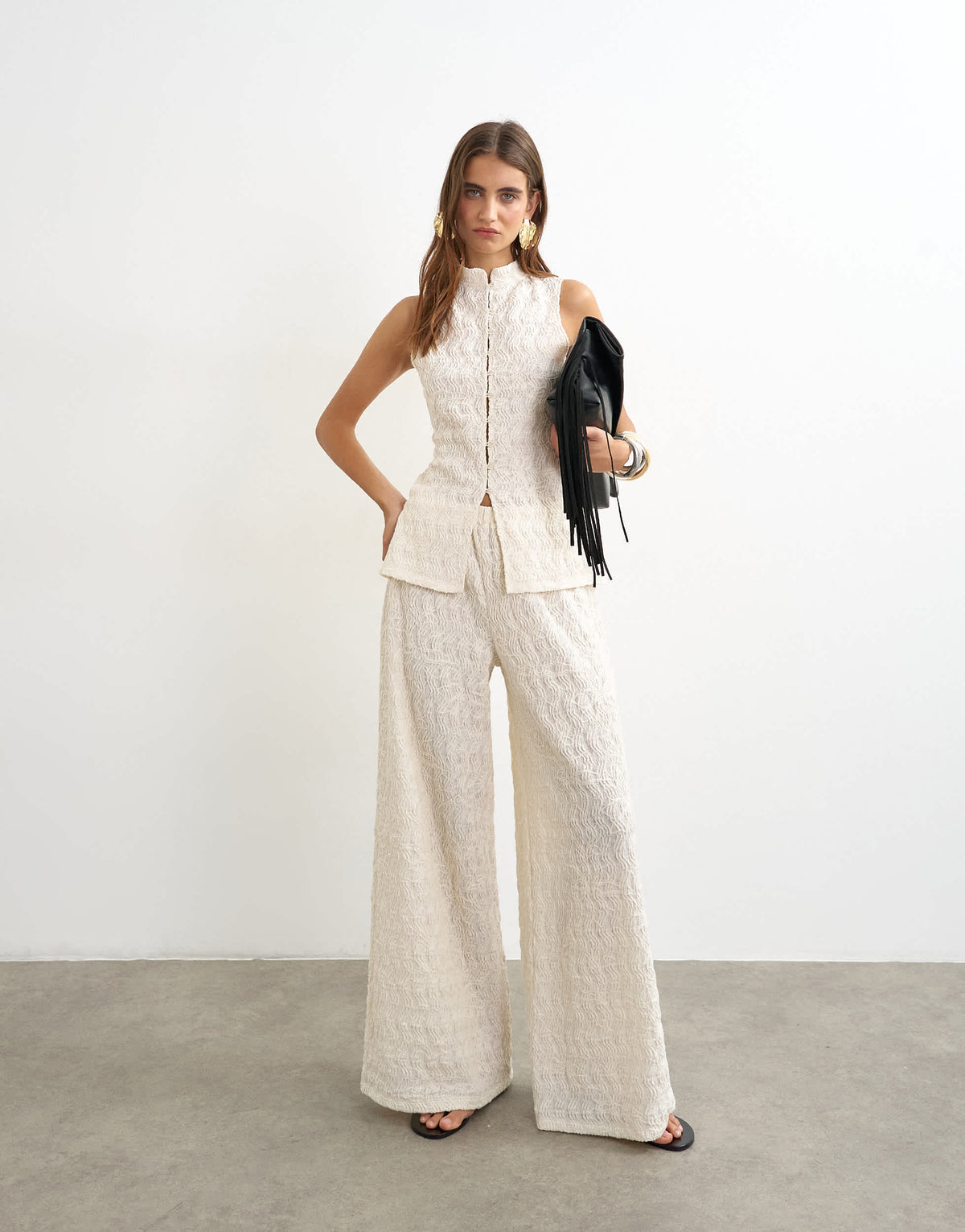 Topshop embroidered lace high neck sleeveless tank co-ord in cream