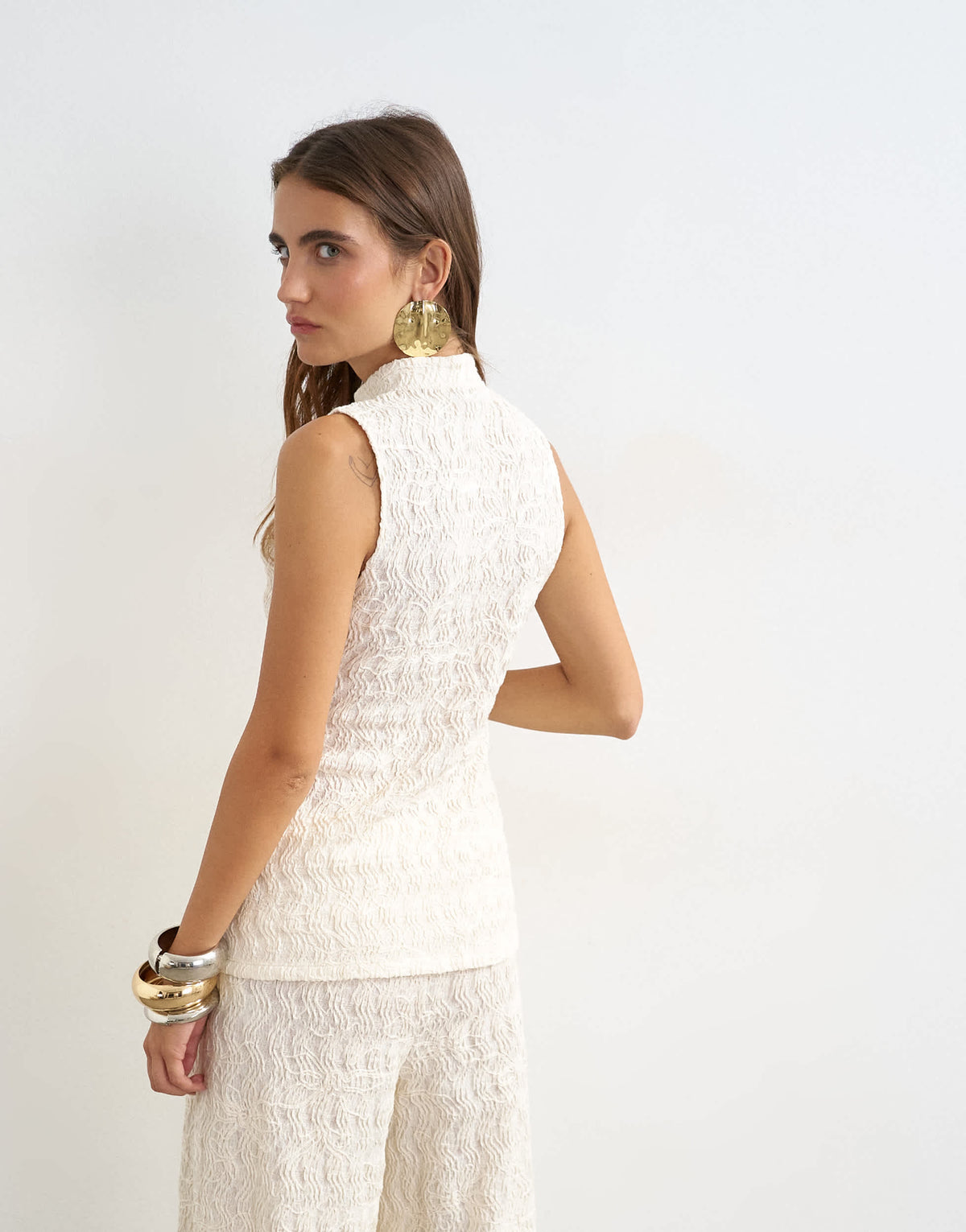 Topshop embroidered lace high neck sleeveless tank co-ord in cream