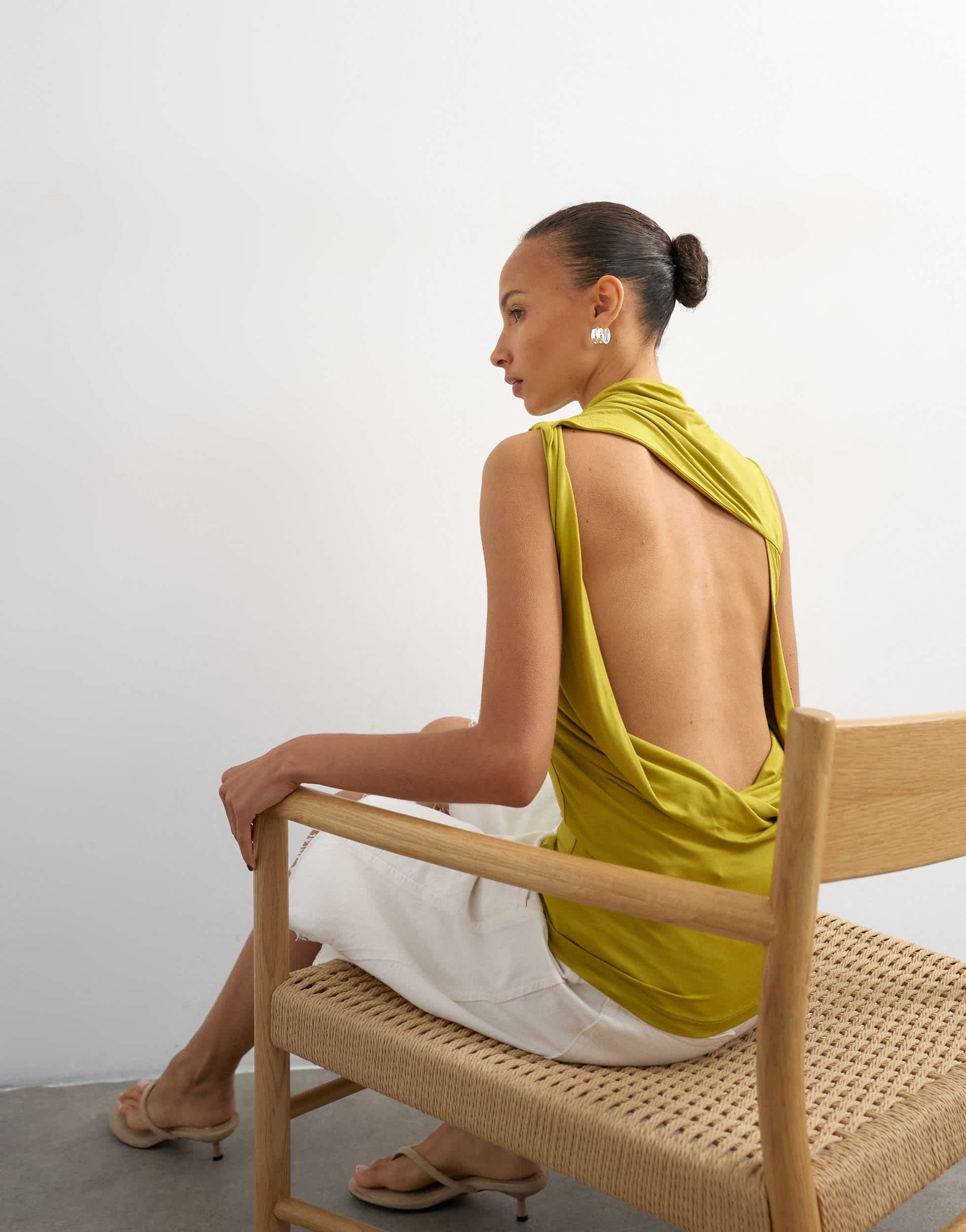 Topshop cowl drape back top in chartreuse