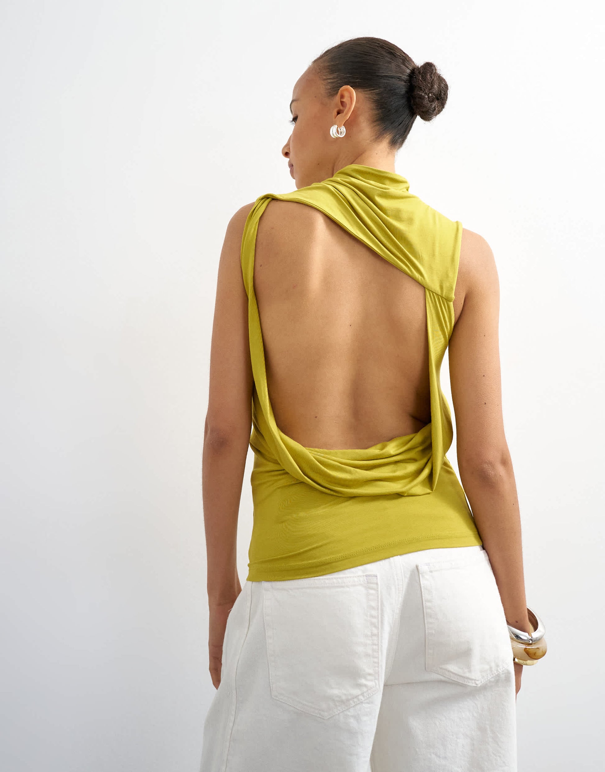 Topshop cowl drape back top in chartreuse