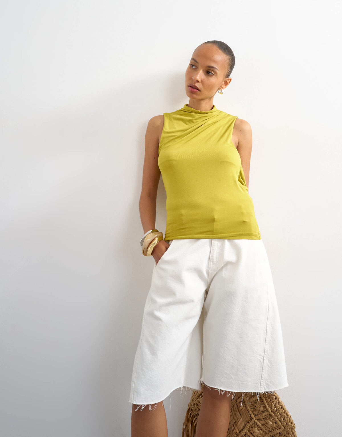 Topshop cowl drape back top in chartreuse