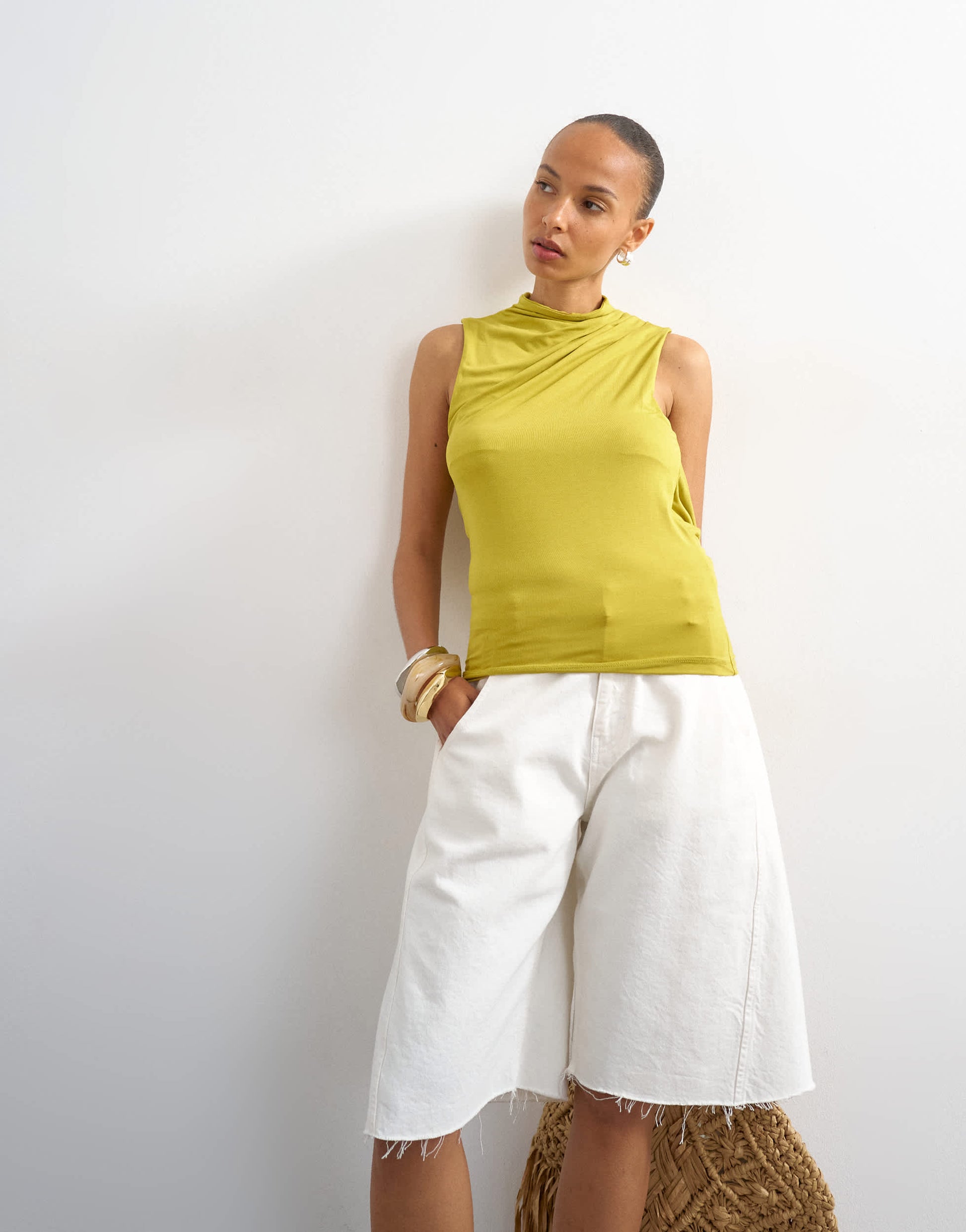 Topshop cowl drape back top in chartreuse