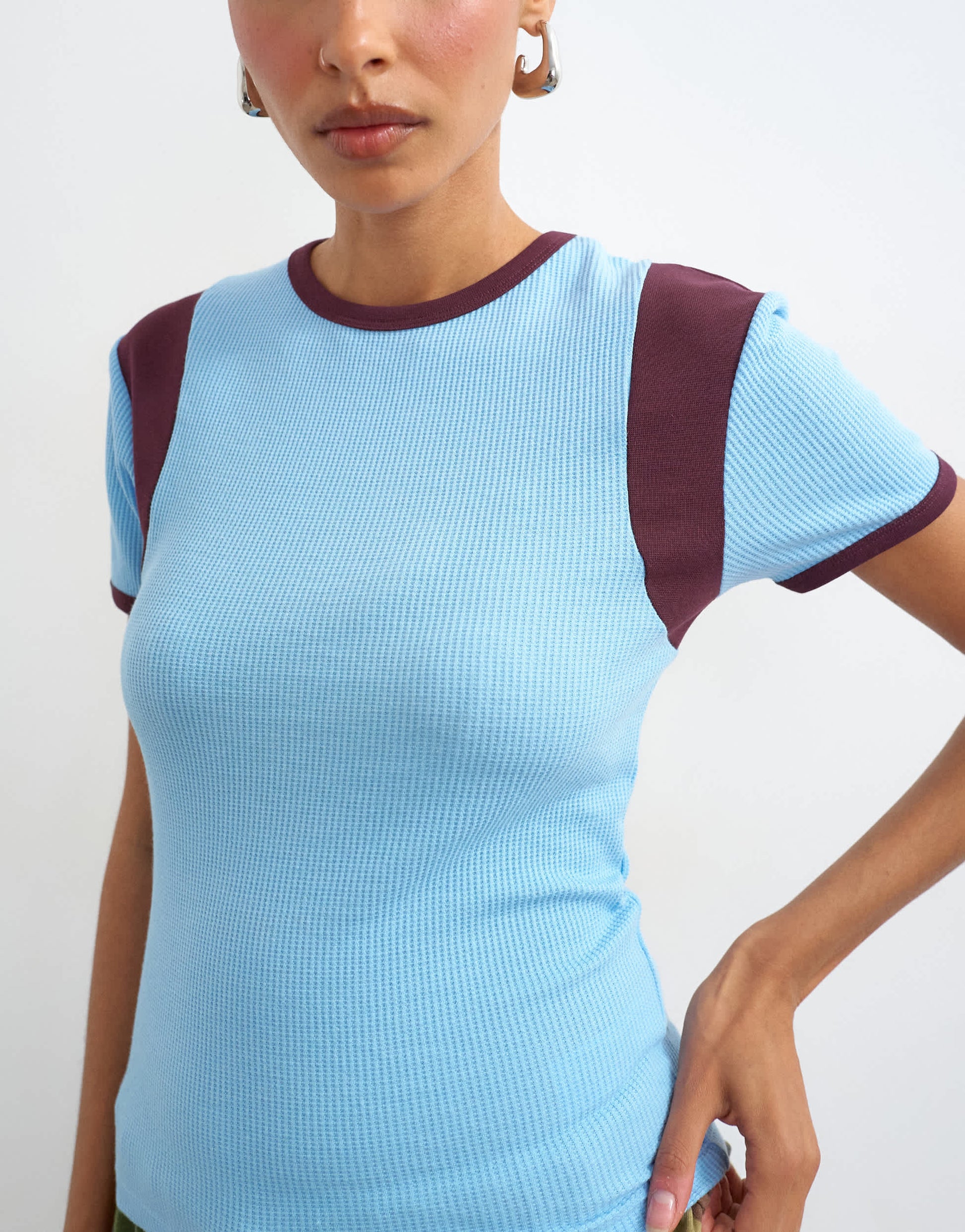 Topshop waffle colourblock tee in blue