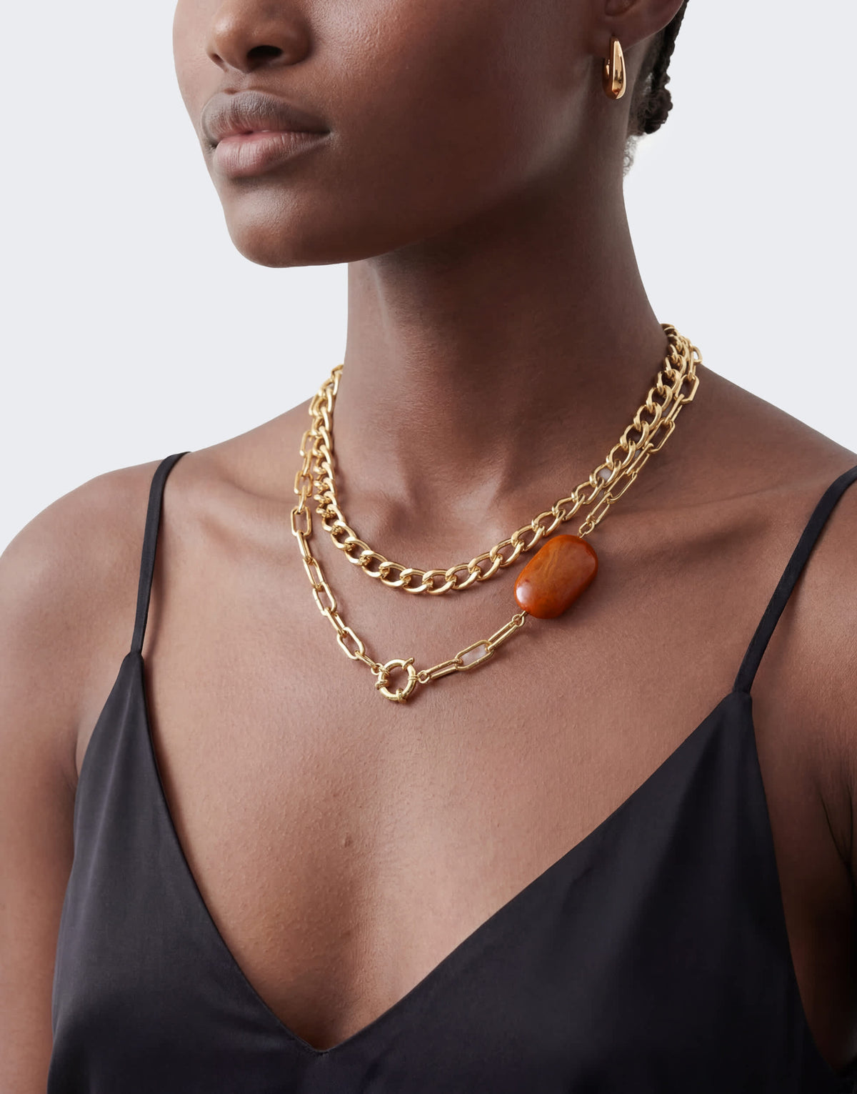 Topshop Oakley stainless steel multi chain necklace with orange stone in gold