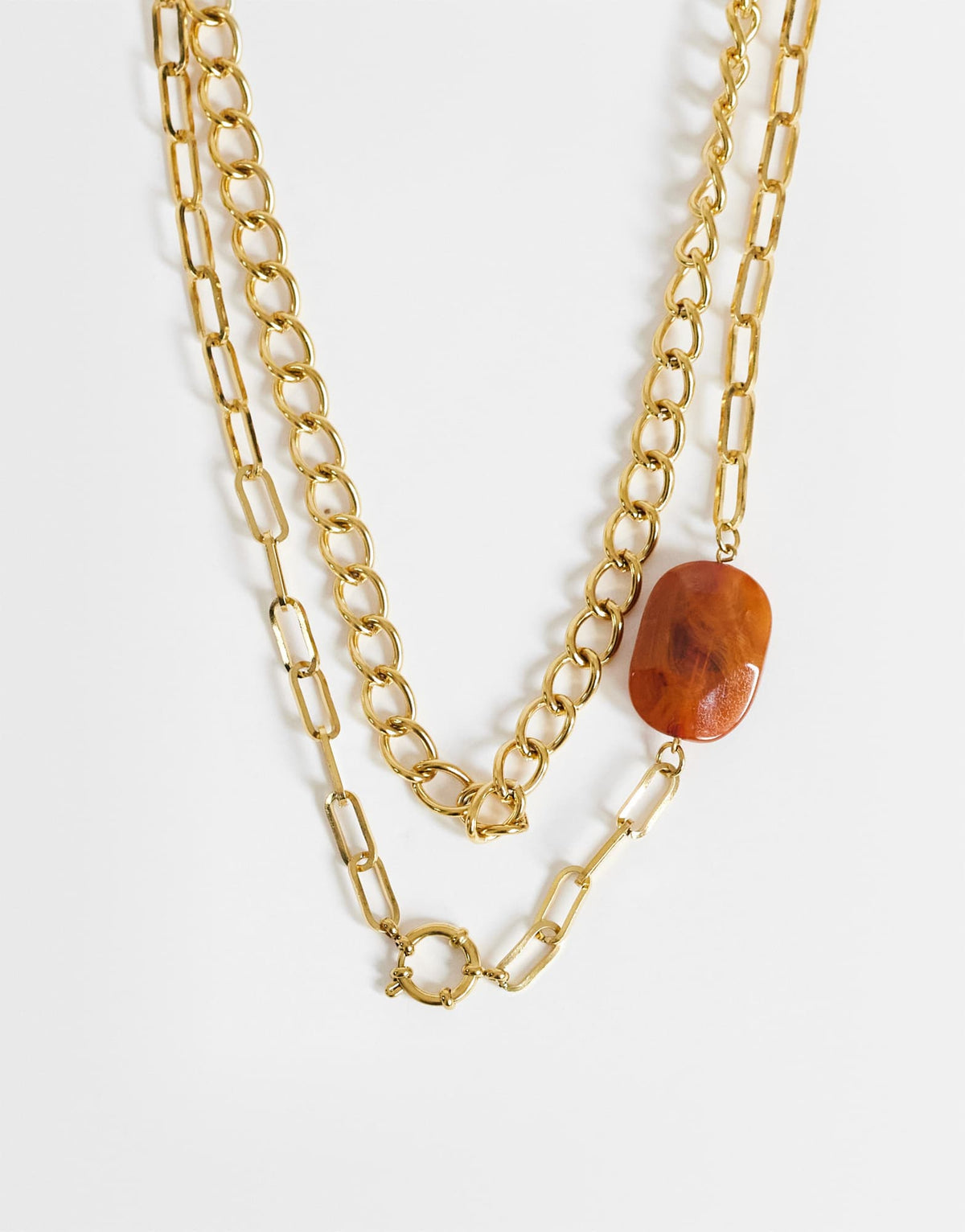 Topshop Oakley stainless steel multi chain necklace with orange stone in gold