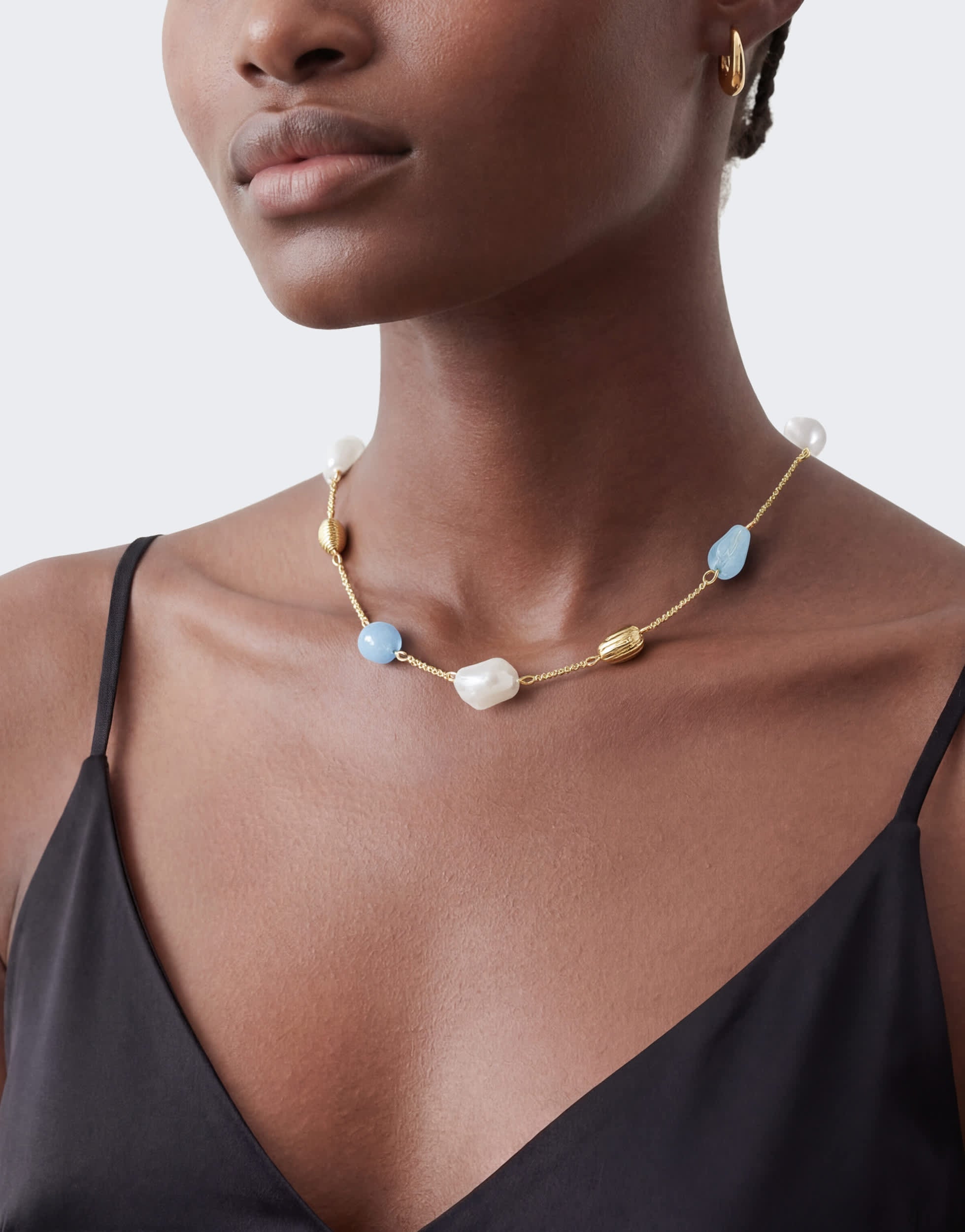 Topshop Omelia necklace in faux pearl, gold and blue