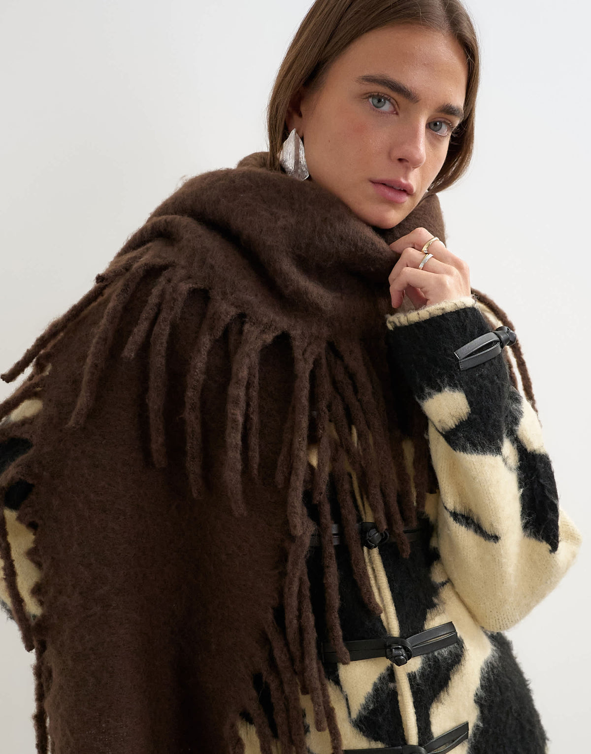 Topshop Sadie fringing scarf in chocolate